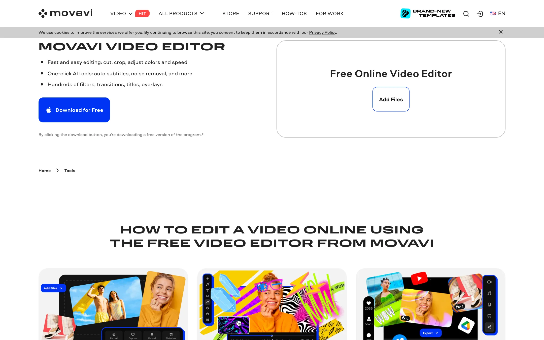 Movavi Free Online Video Editor page with an Add Files button