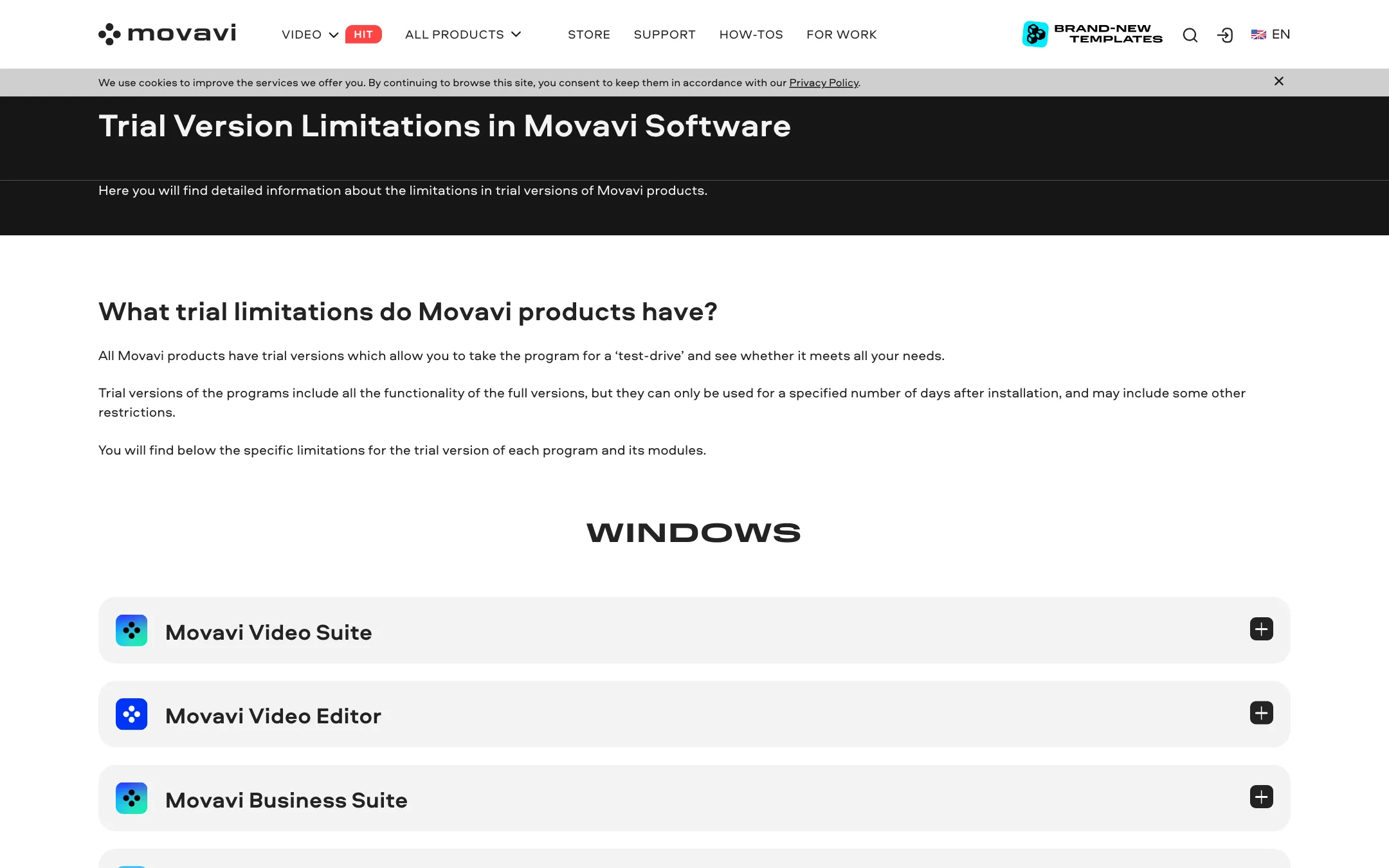 Movavi trial version limitations page listing each product