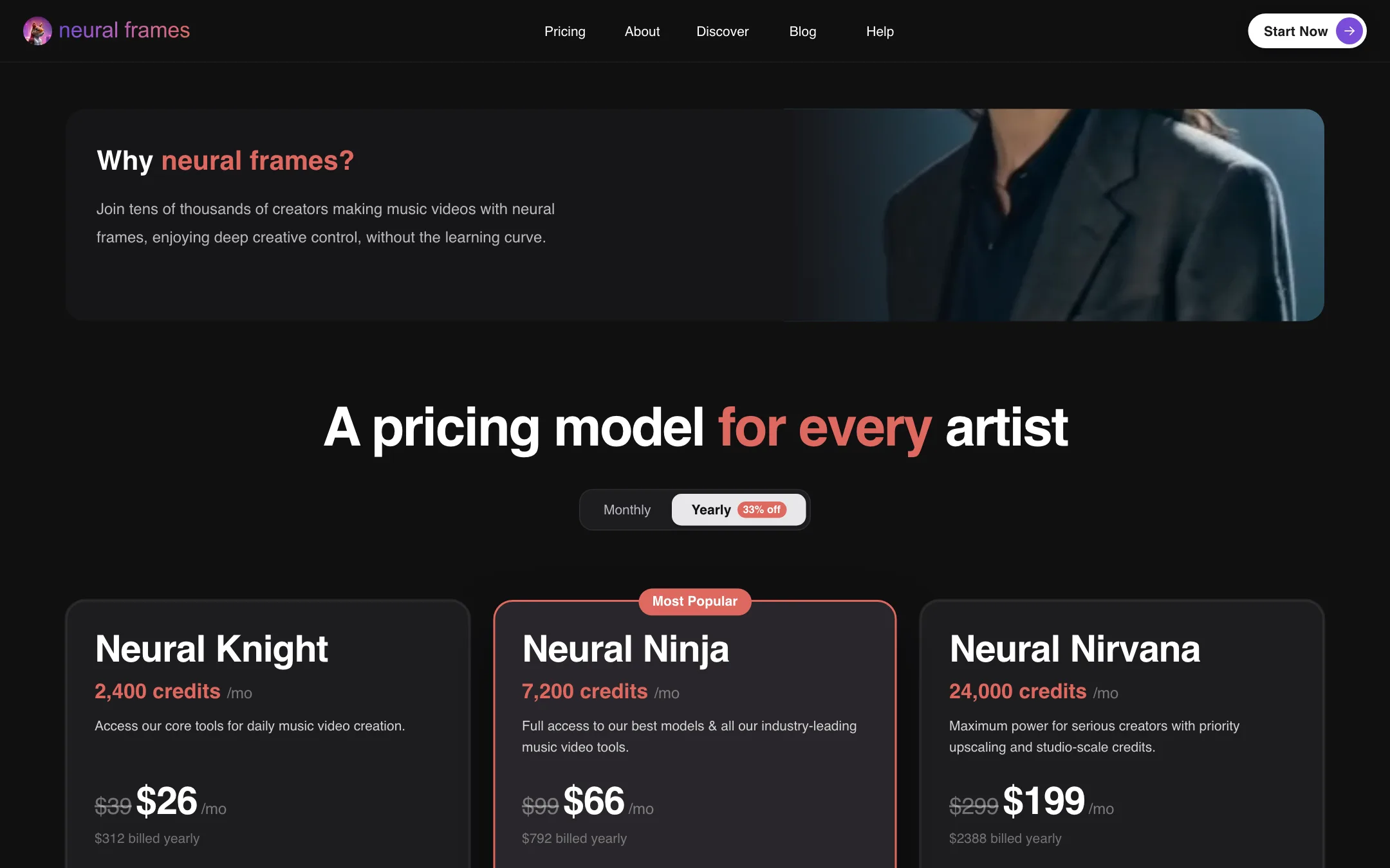 Neural Frames pricing page with Neural Knight, Neural Ninja and Neural Nirvana plans