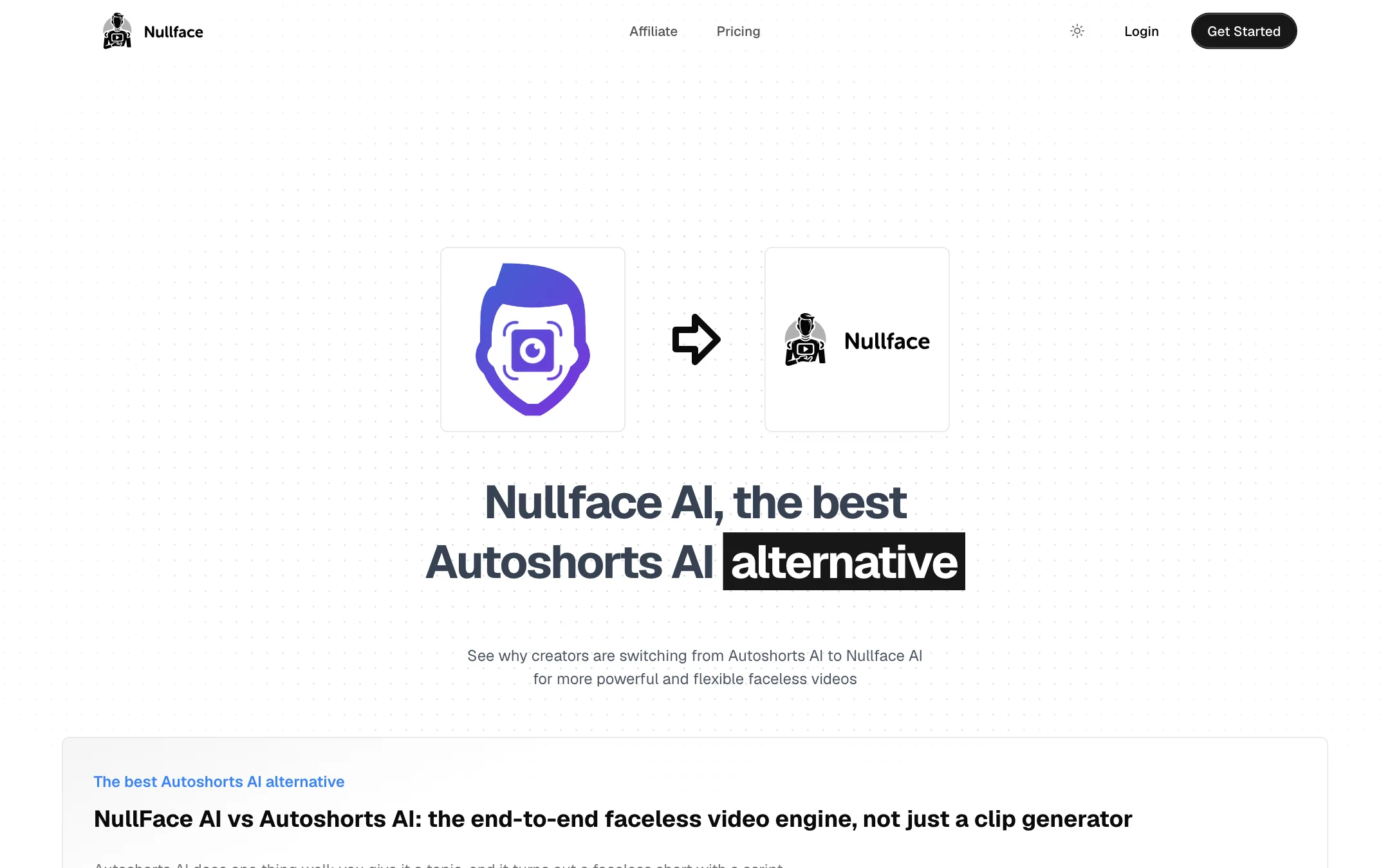 Nullface AI comparison page positioning it as an Autoshorts AI alternative