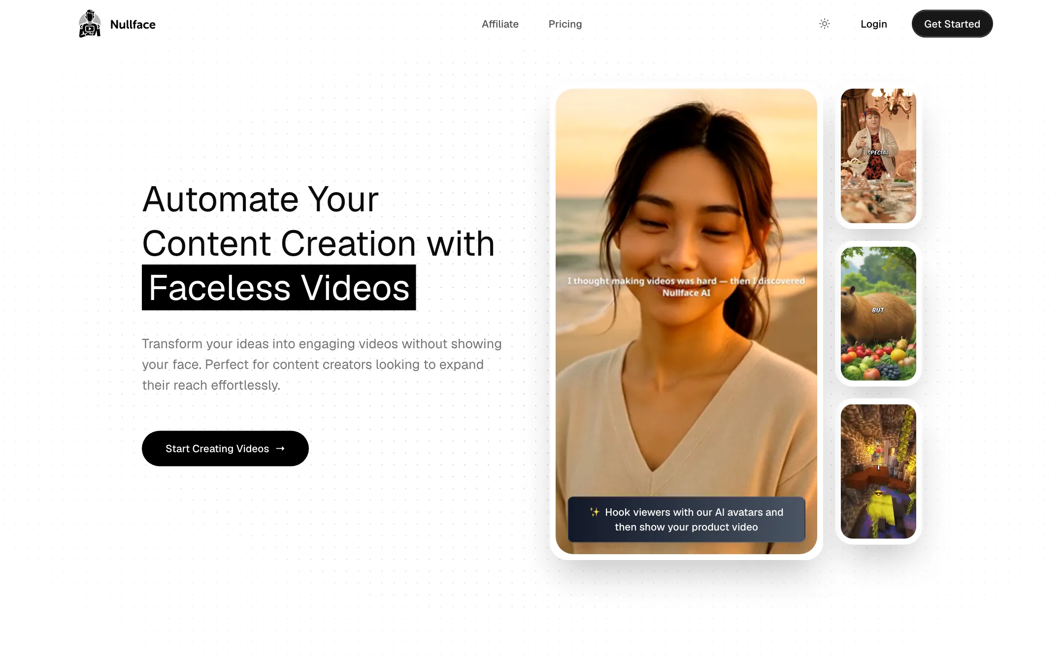 Nullface AI homepage headline: Automate Your Content Creation with Faceless Videos