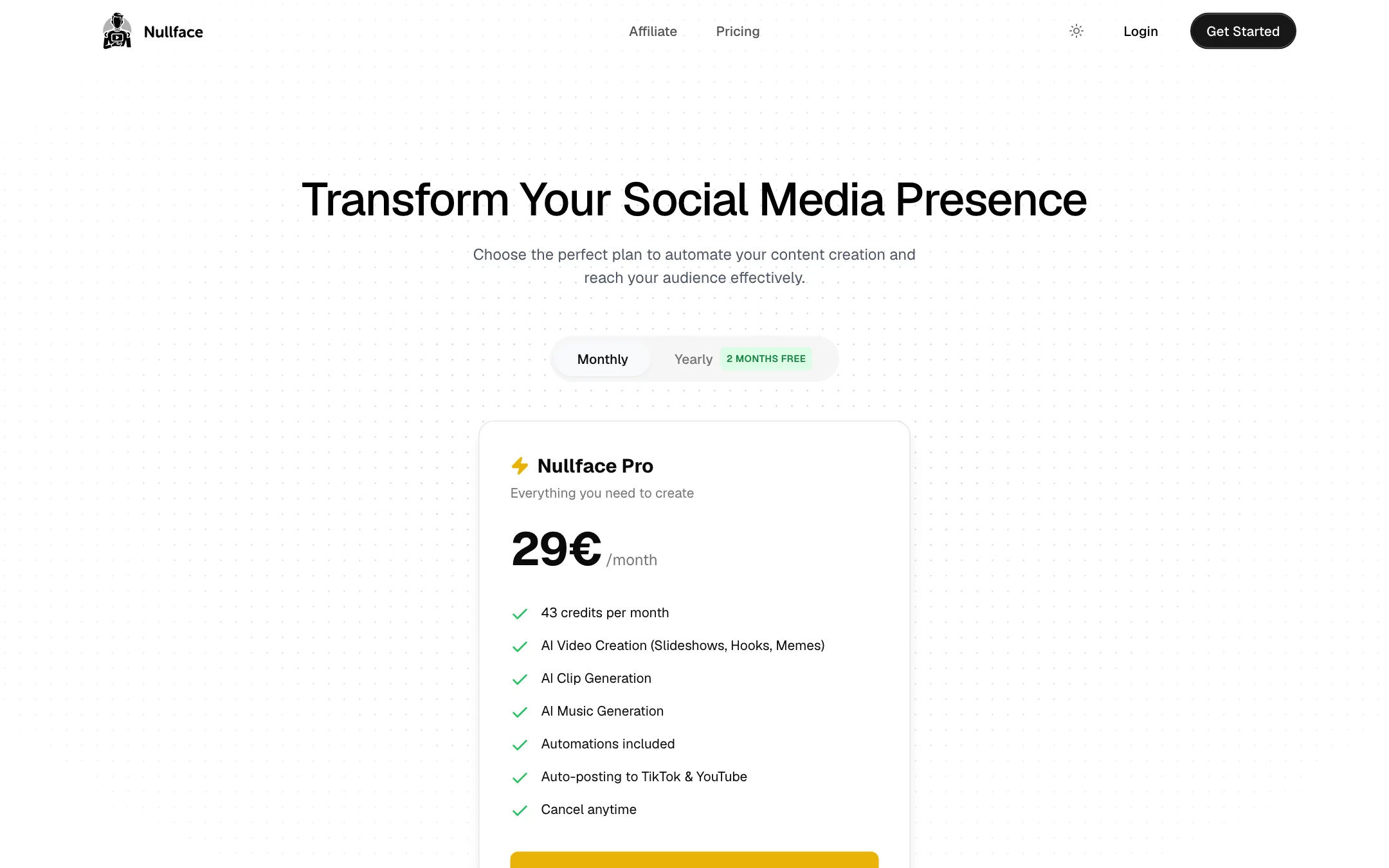 Nullface AI pricing page showing the single Nullface Pro plan at 29 euros a month