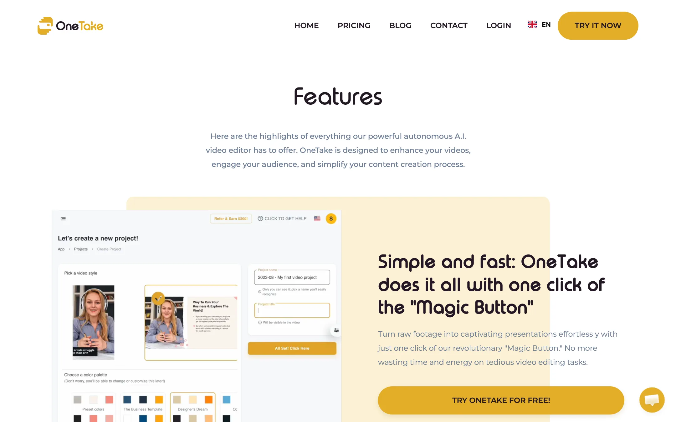 OneTake features page showing the project setup screen with video style and colour palette pickers