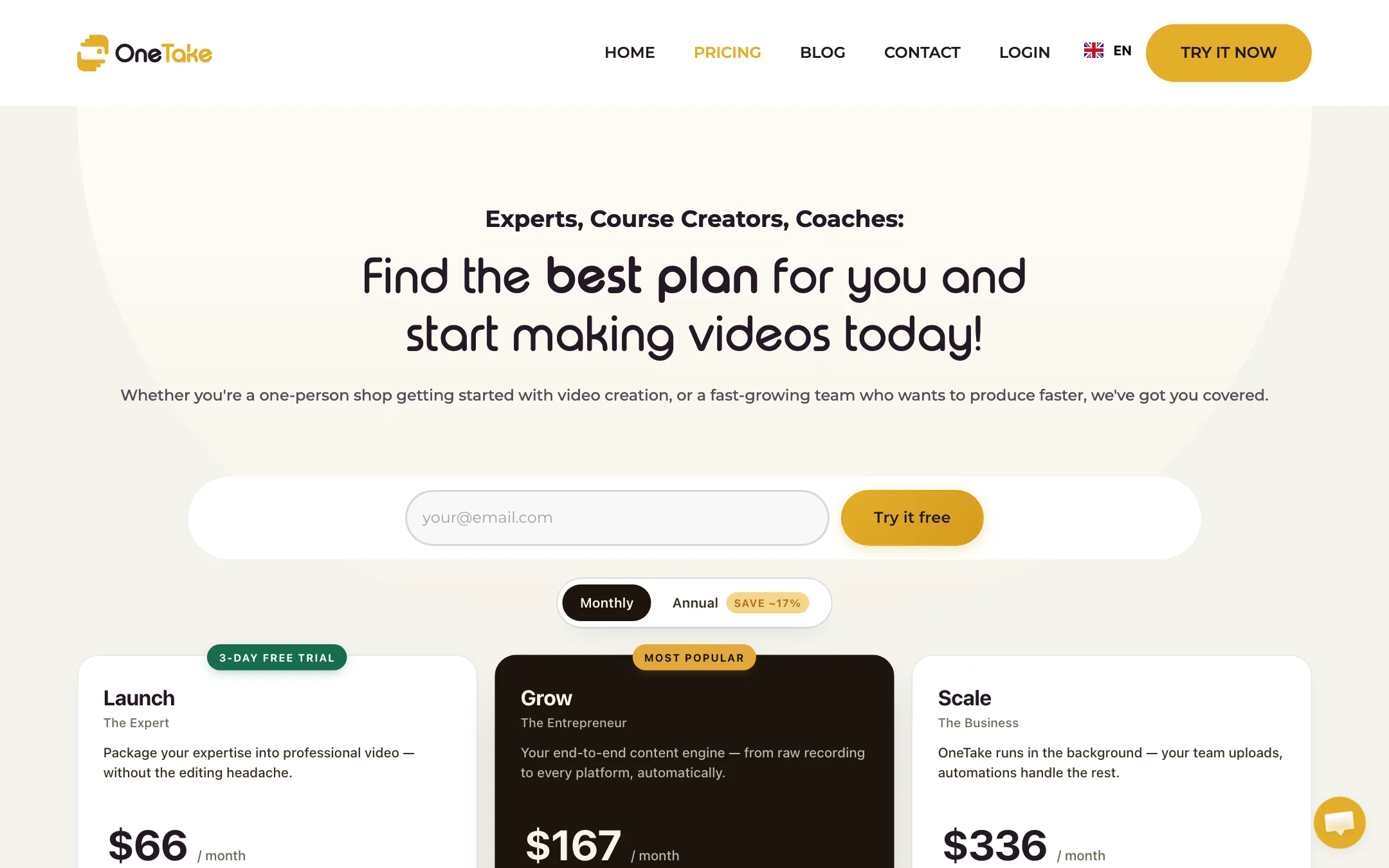 OneTake AI pricing with Launch at $66, Grow at $167 and Scale at $336 a month
