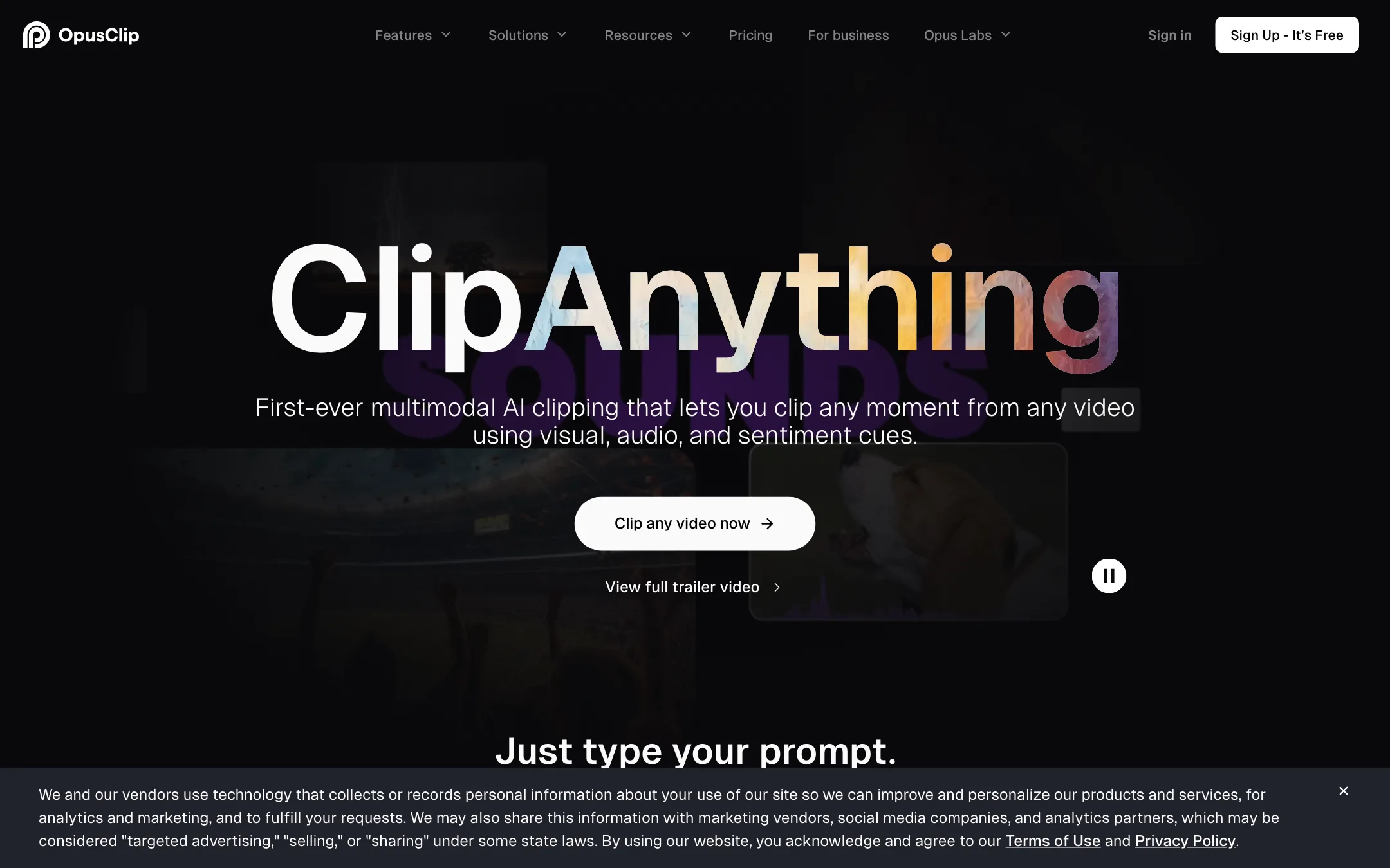 OpusClip ClipAnything page explaining prompt-based clipping