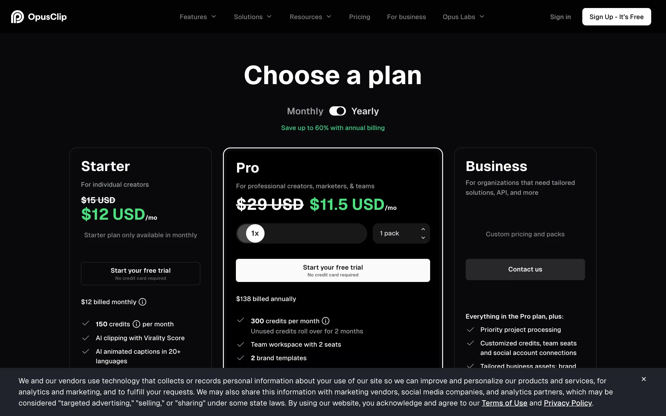 OpusClip pricing page with Starter, Pro and Business plans