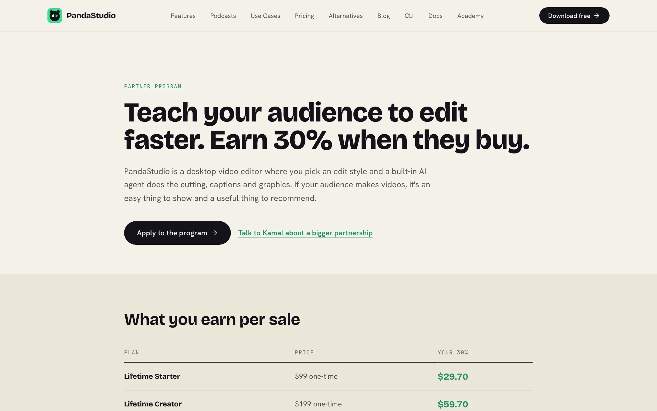 PandaStudio partner program page with commission per plan