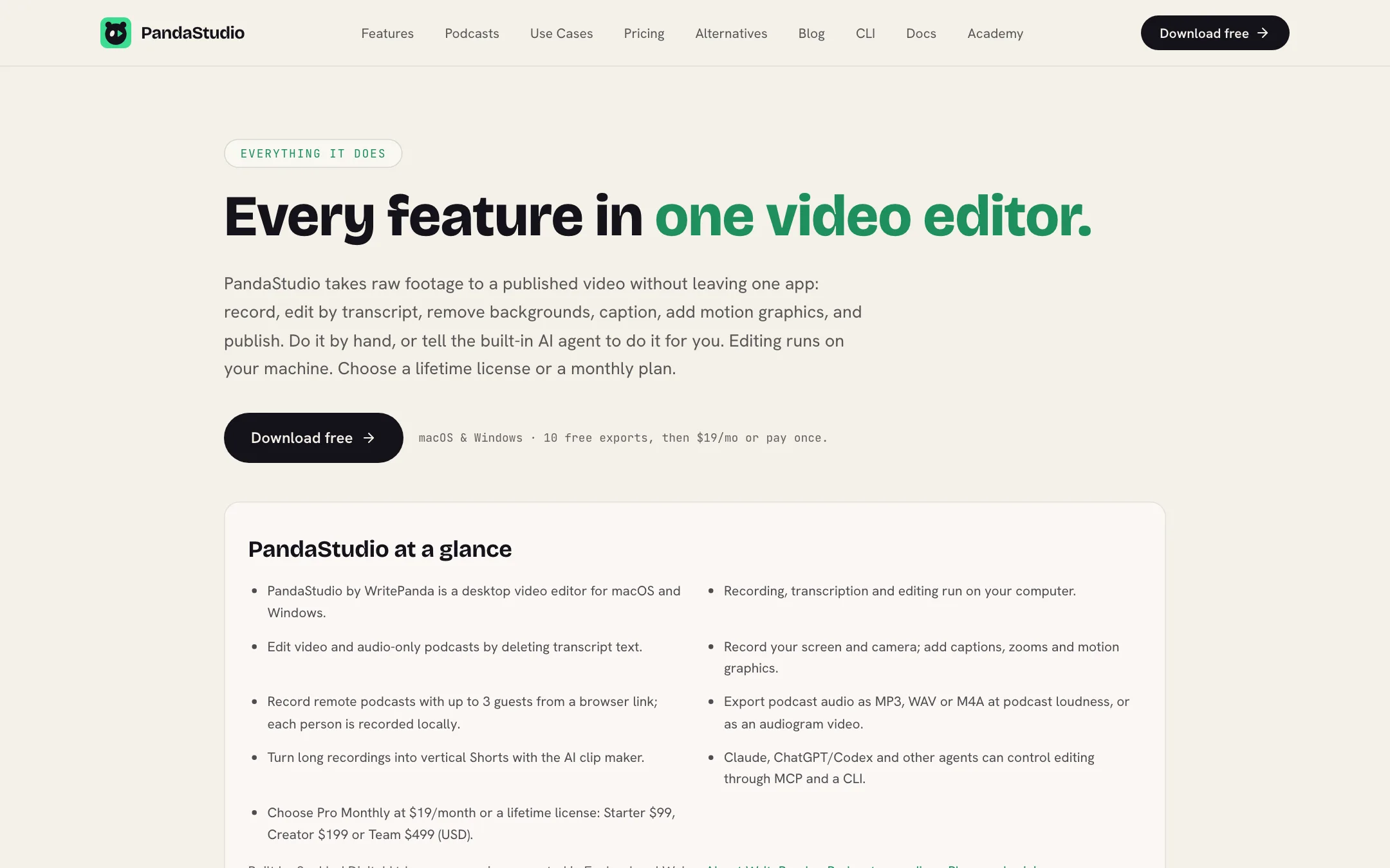 PandaStudio features page listing recording, transcript editing and captions