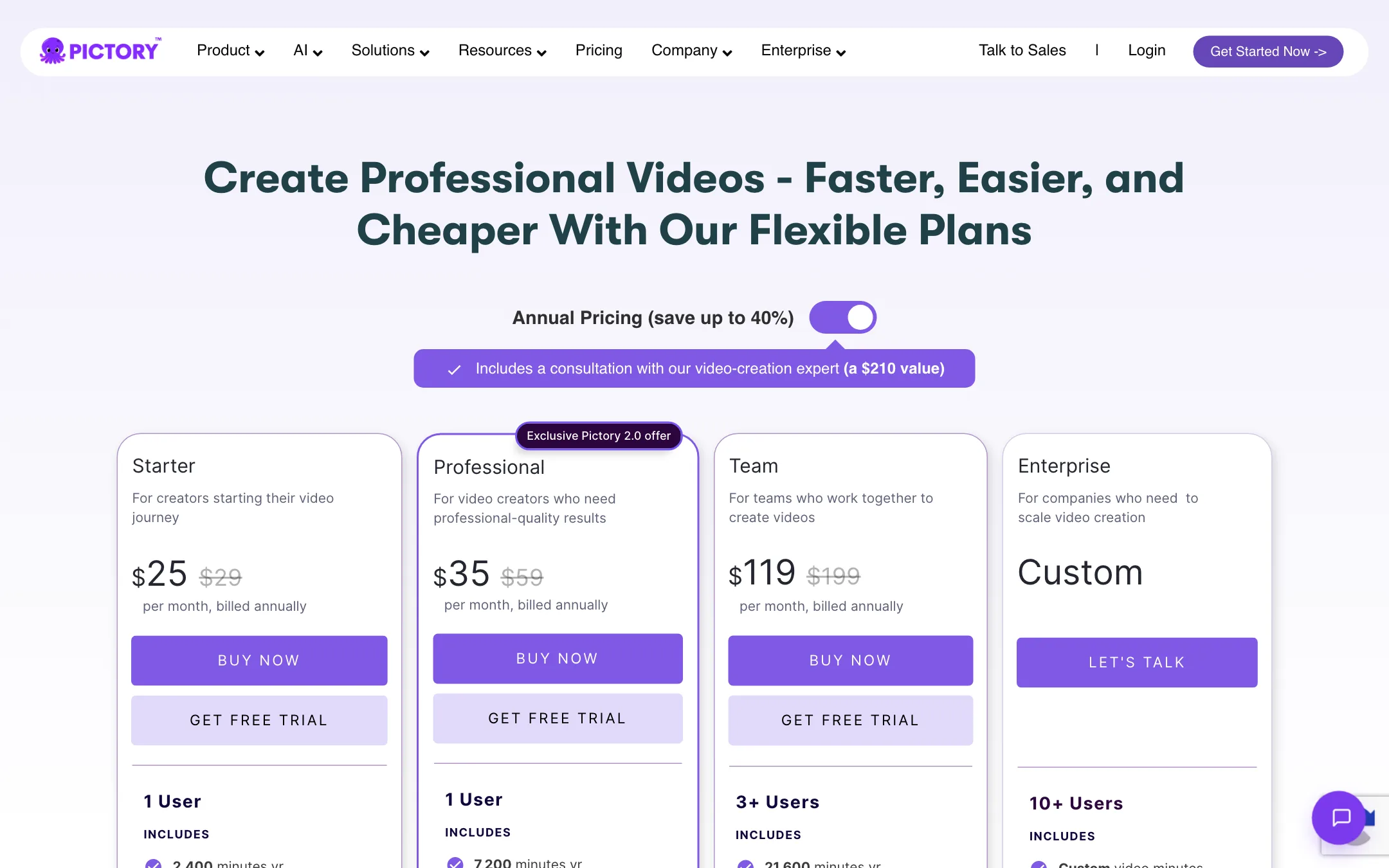 Pictory pricing page with Starter, Professional, Team and Enterprise plans