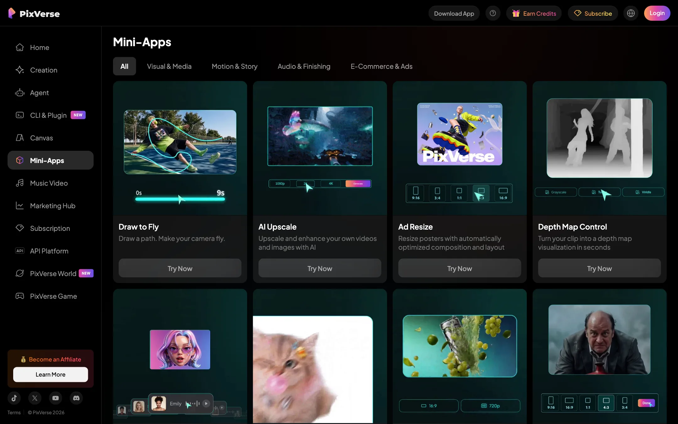 PixVerse Mini-Apps gallery with Draw to Fly, AI Upscale, Ad Resize and Depth Map Control