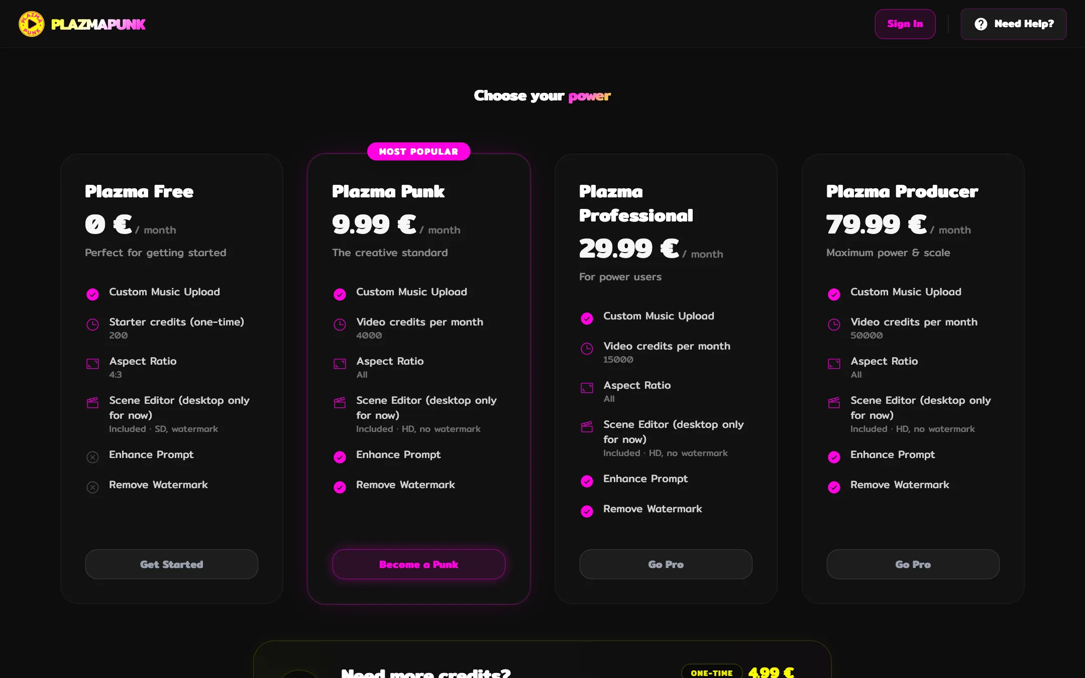 Plazmapunk app pricing with Free, Punk, Professional and Producer plans in euros
