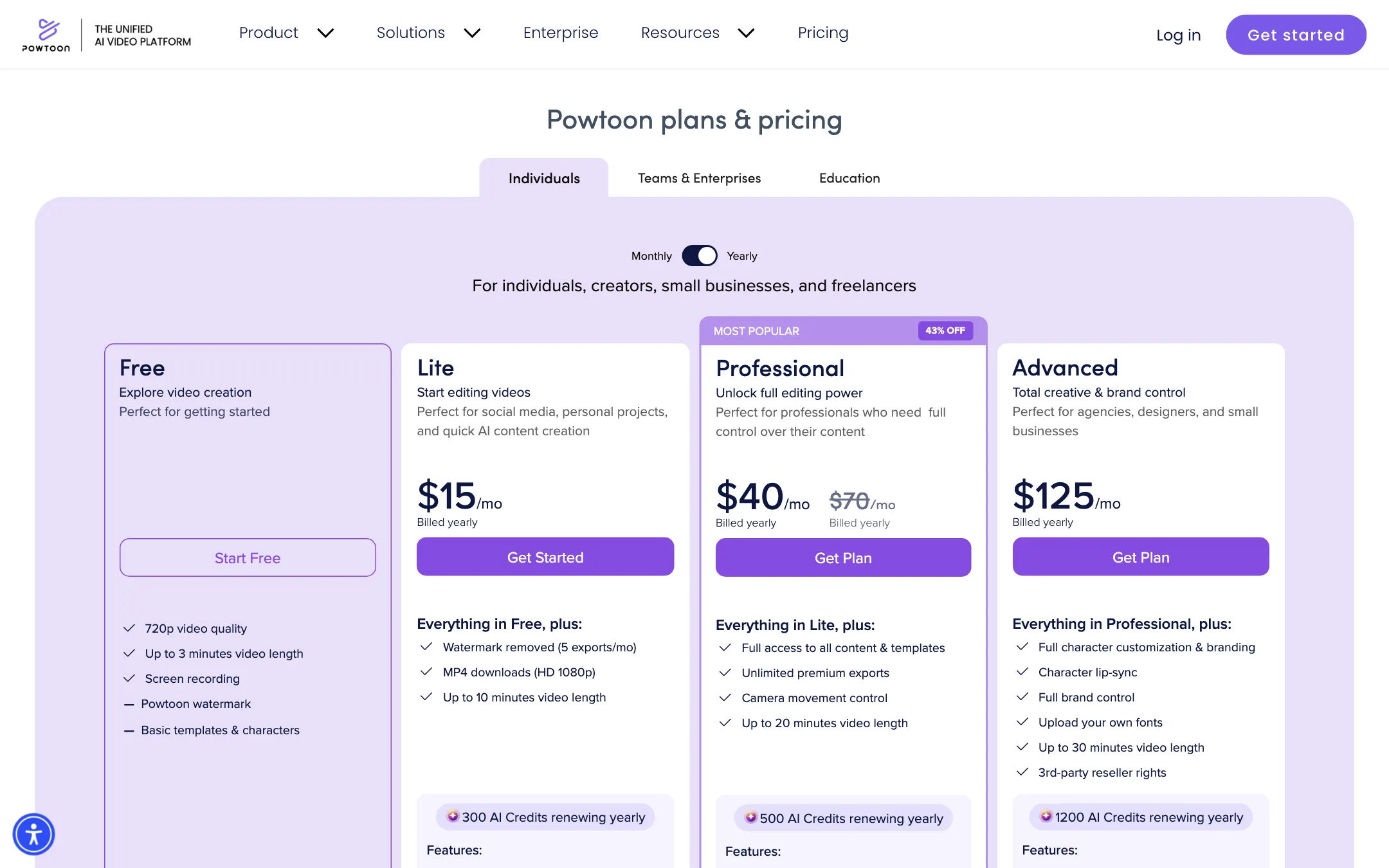Powtoon pricing page with Free, Lite, Professional and Advanced plans
