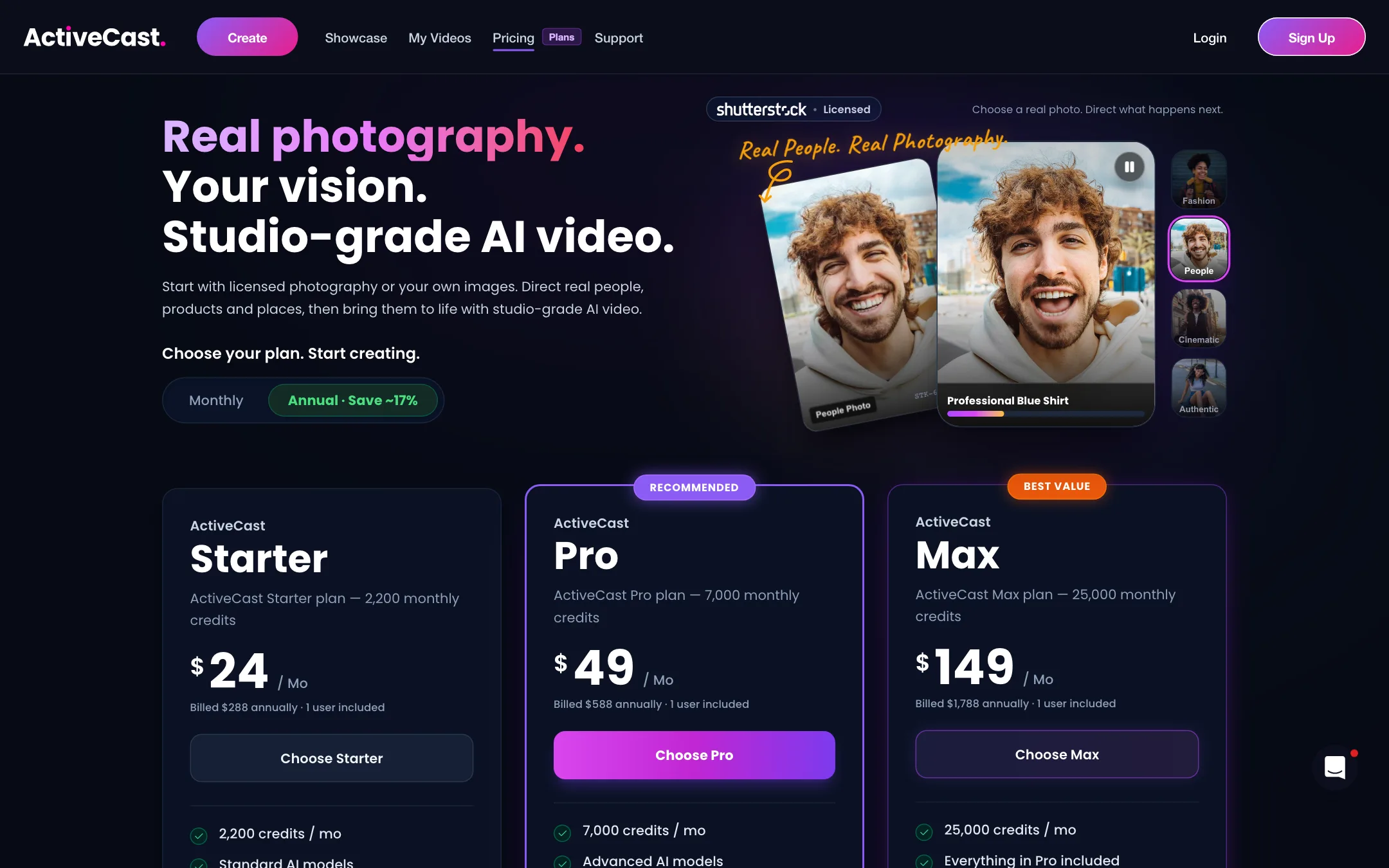 ActiveCast pricing with Starter, Pro and Max credit plans