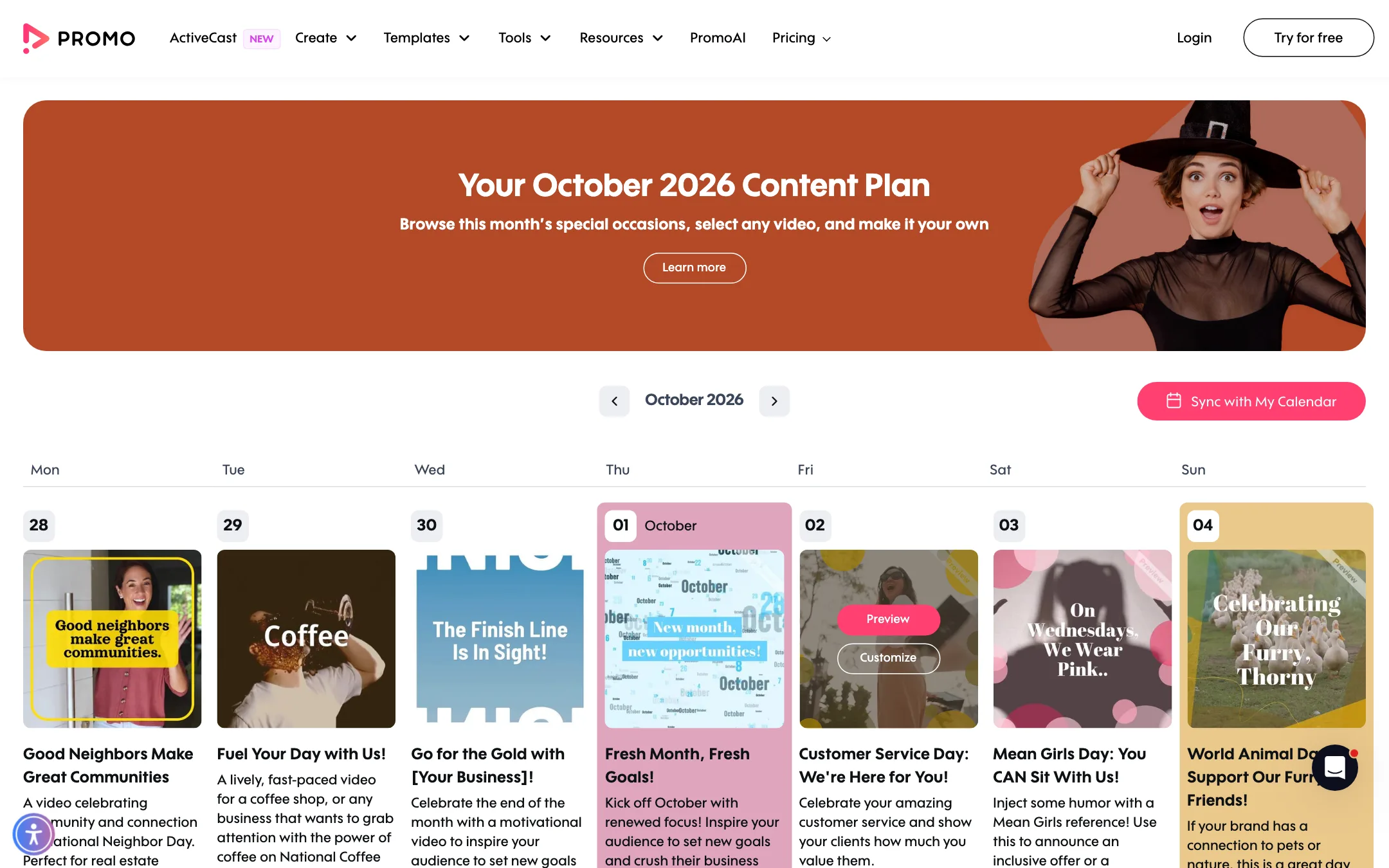 Promo.com October social media content calendar with a template for each day