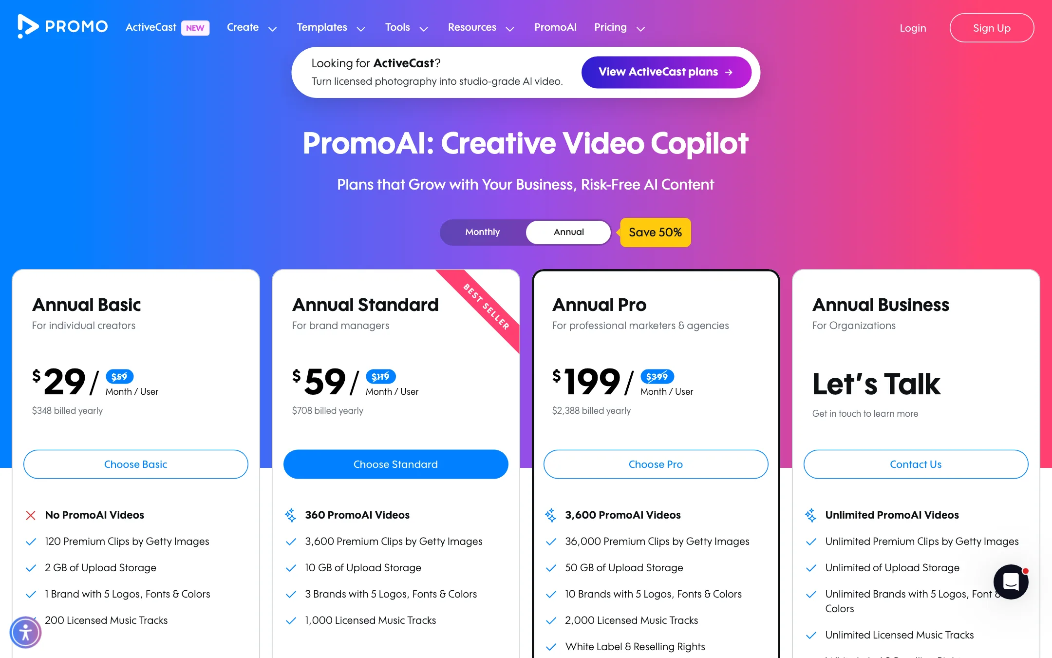 Promo.com pricing page with Basic, Standard, Pro and Business plans