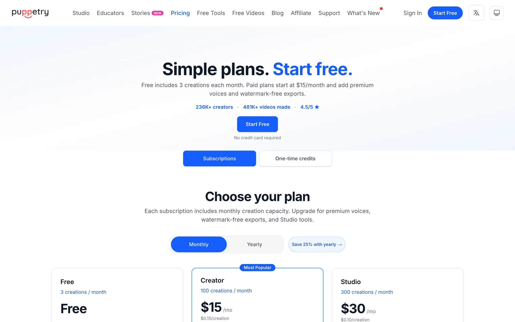 Puppetry pricing page with Free, Creator and Studio plans