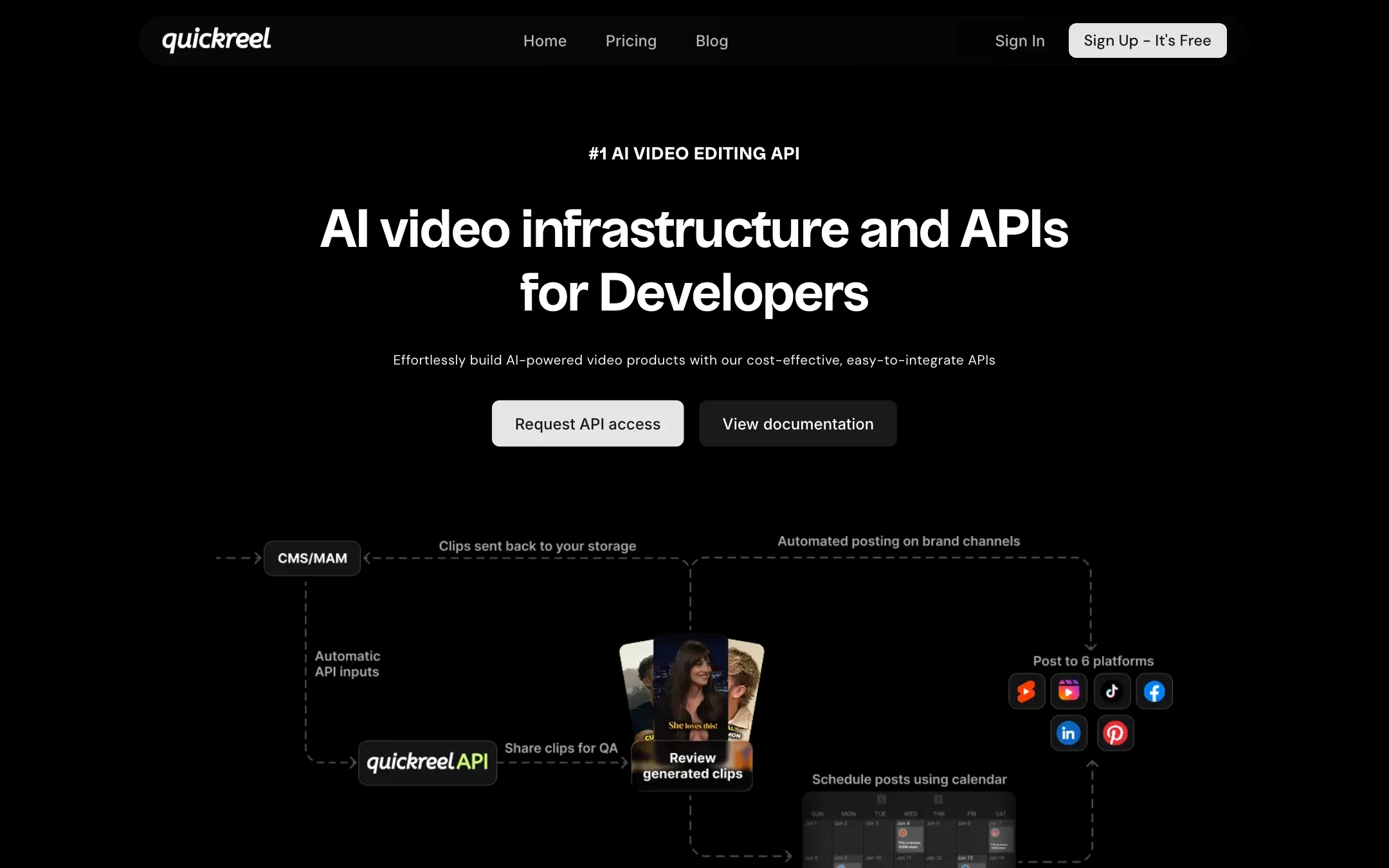 QuickReel API page: AI video infrastructure and APIs for Developers