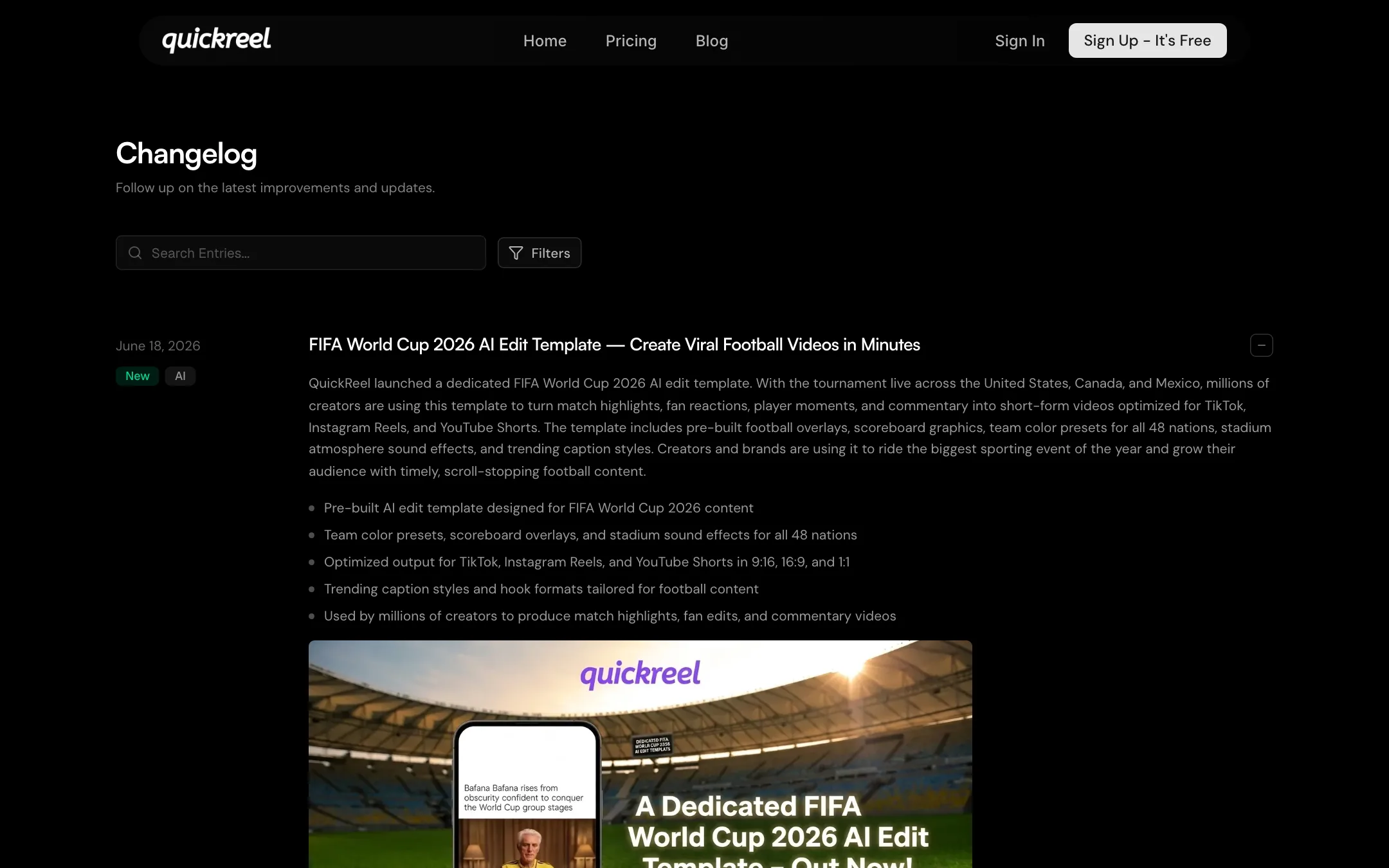 QuickReel changelog with a FIFA World Cup 2026 AI edit template entry