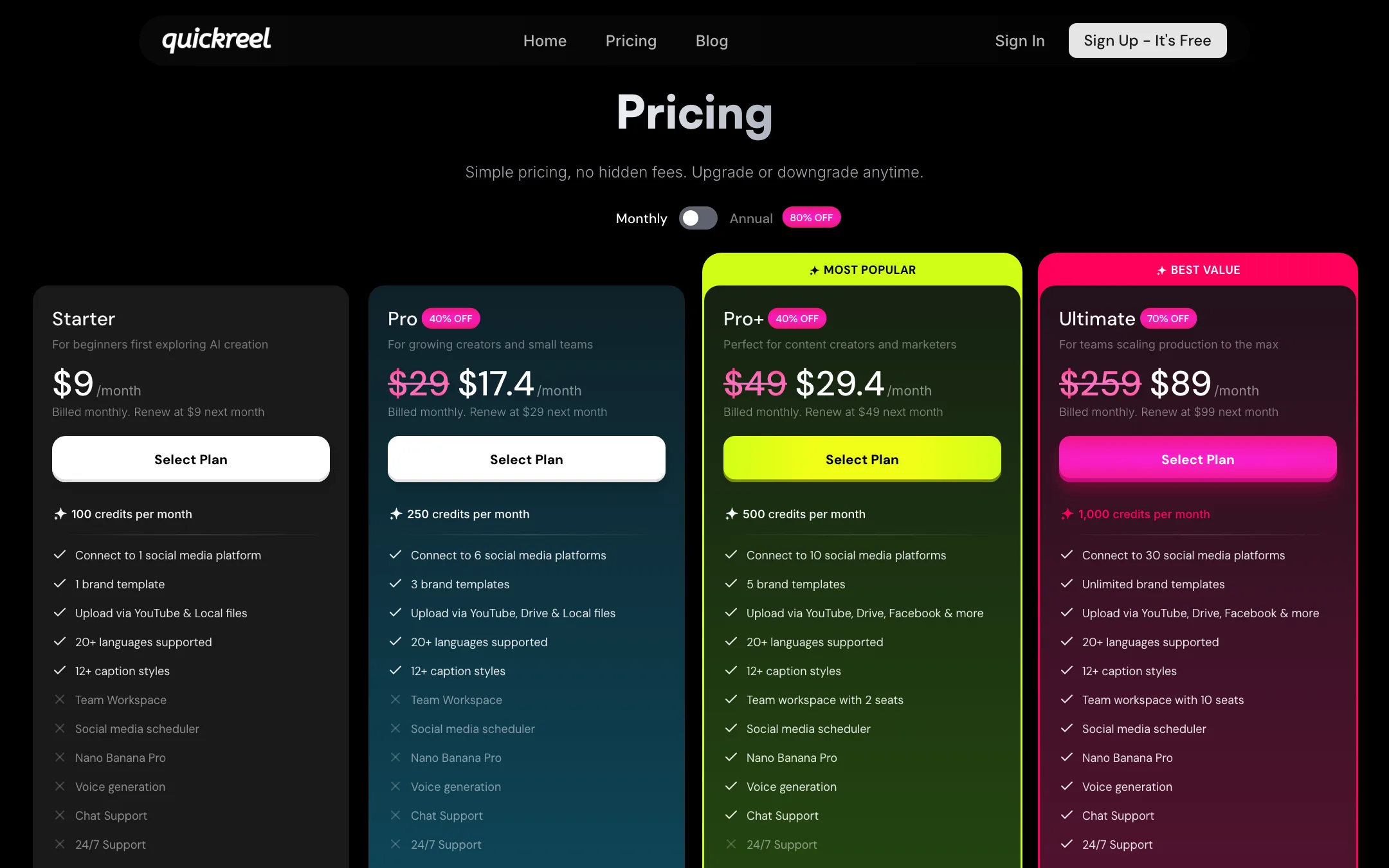 QuickReel pricing page with Starter, Pro, Pro+ and Ultimate plans and first-month discounts