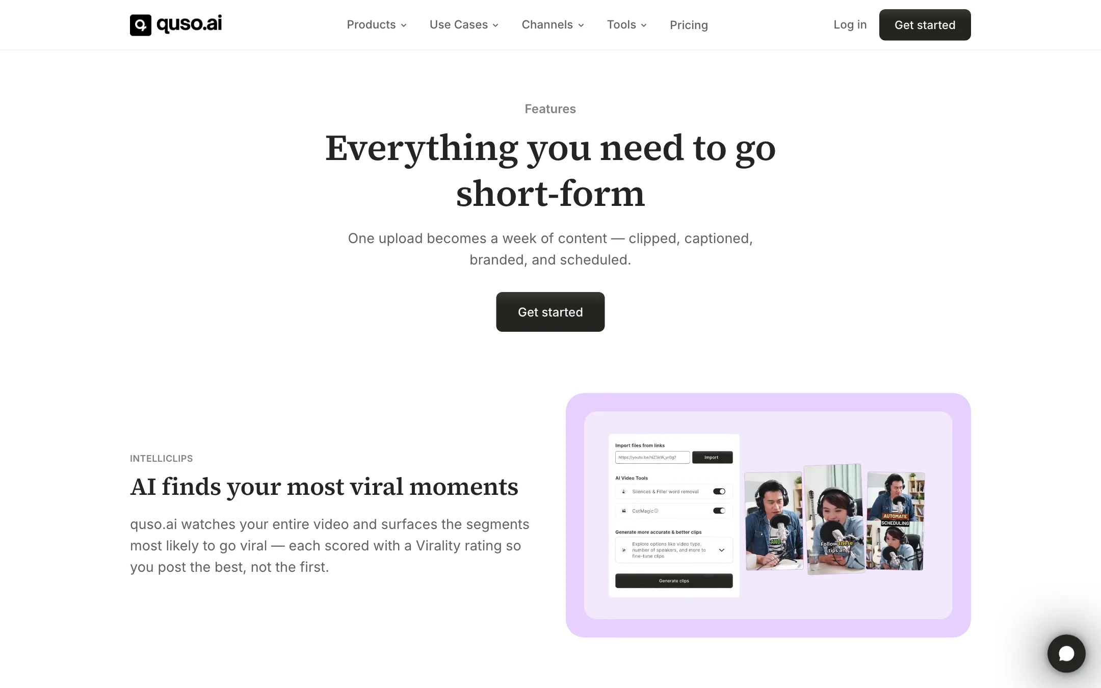 quso.ai features page showing IntelliClips import and AI video tools