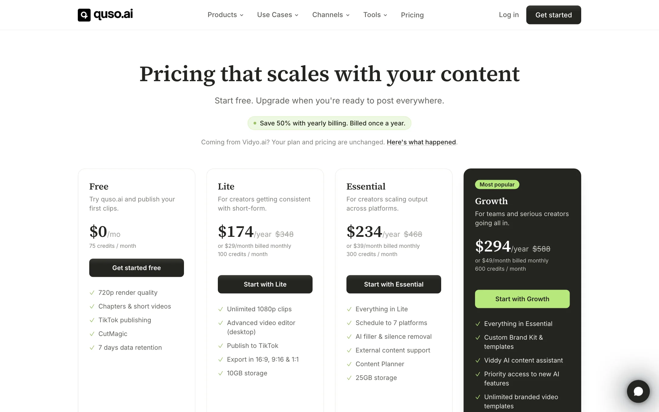 quso.ai pricing with Free, Lite, Essential and Growth plans