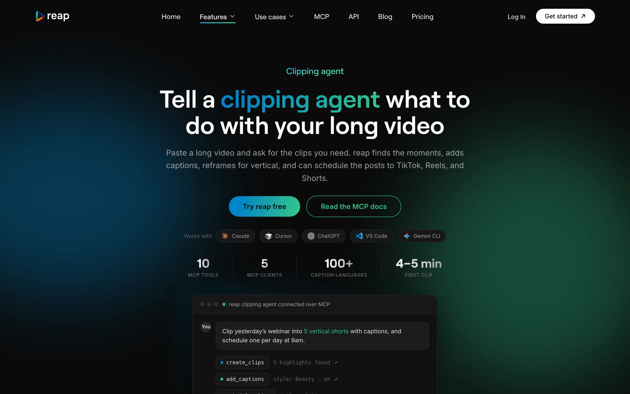 Reap clipping agent page showing MCP setup