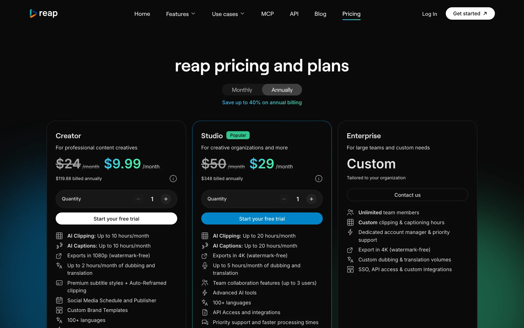 Reap pricing page with Creator, Studio, Enterprise and Free plans