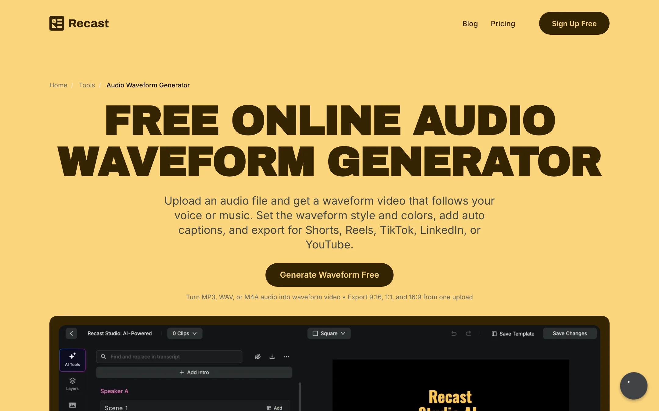 Recast Studio audio waveform generator page