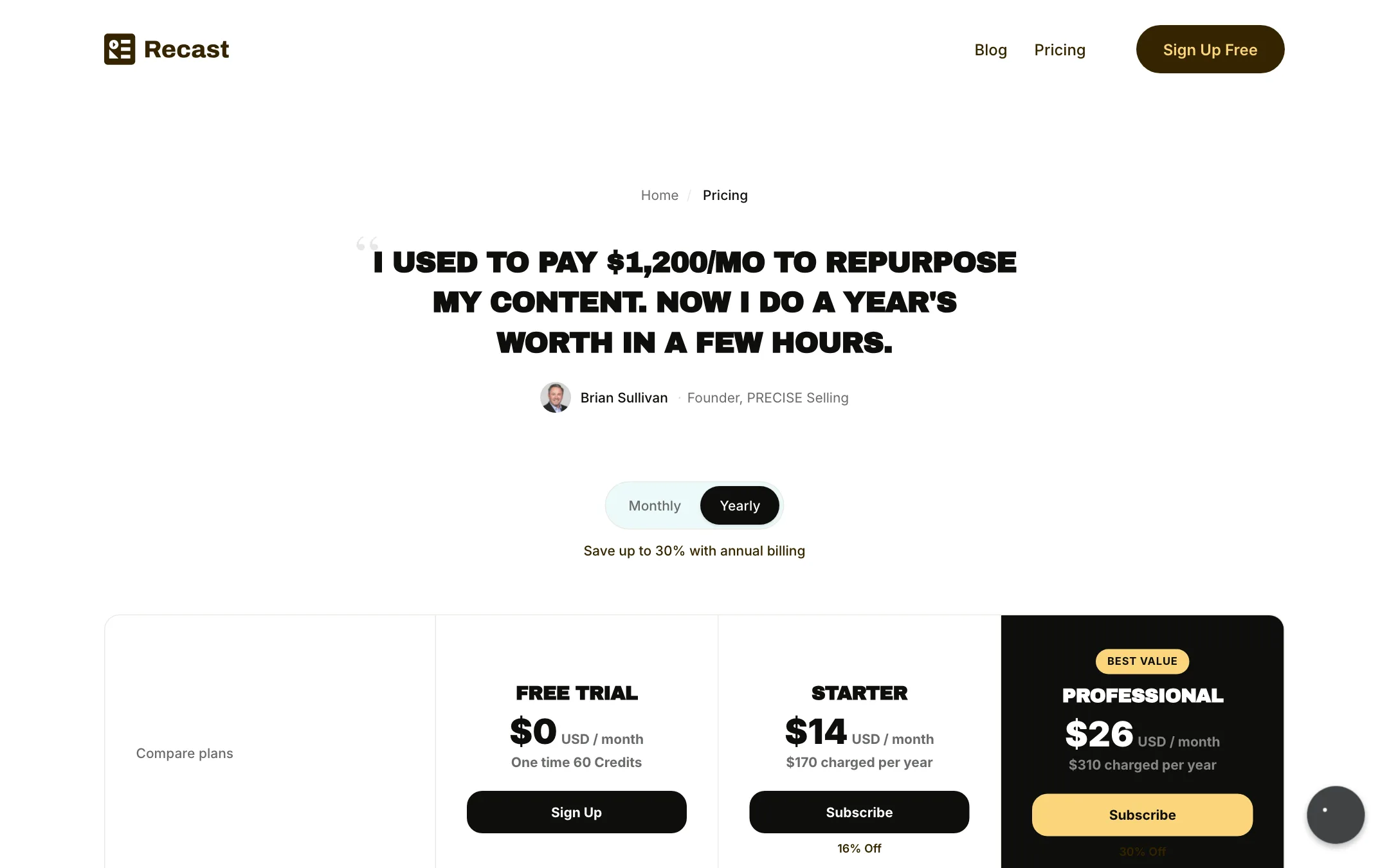 Recast Studio pricing page with Free Trial, Starter and Professional plans