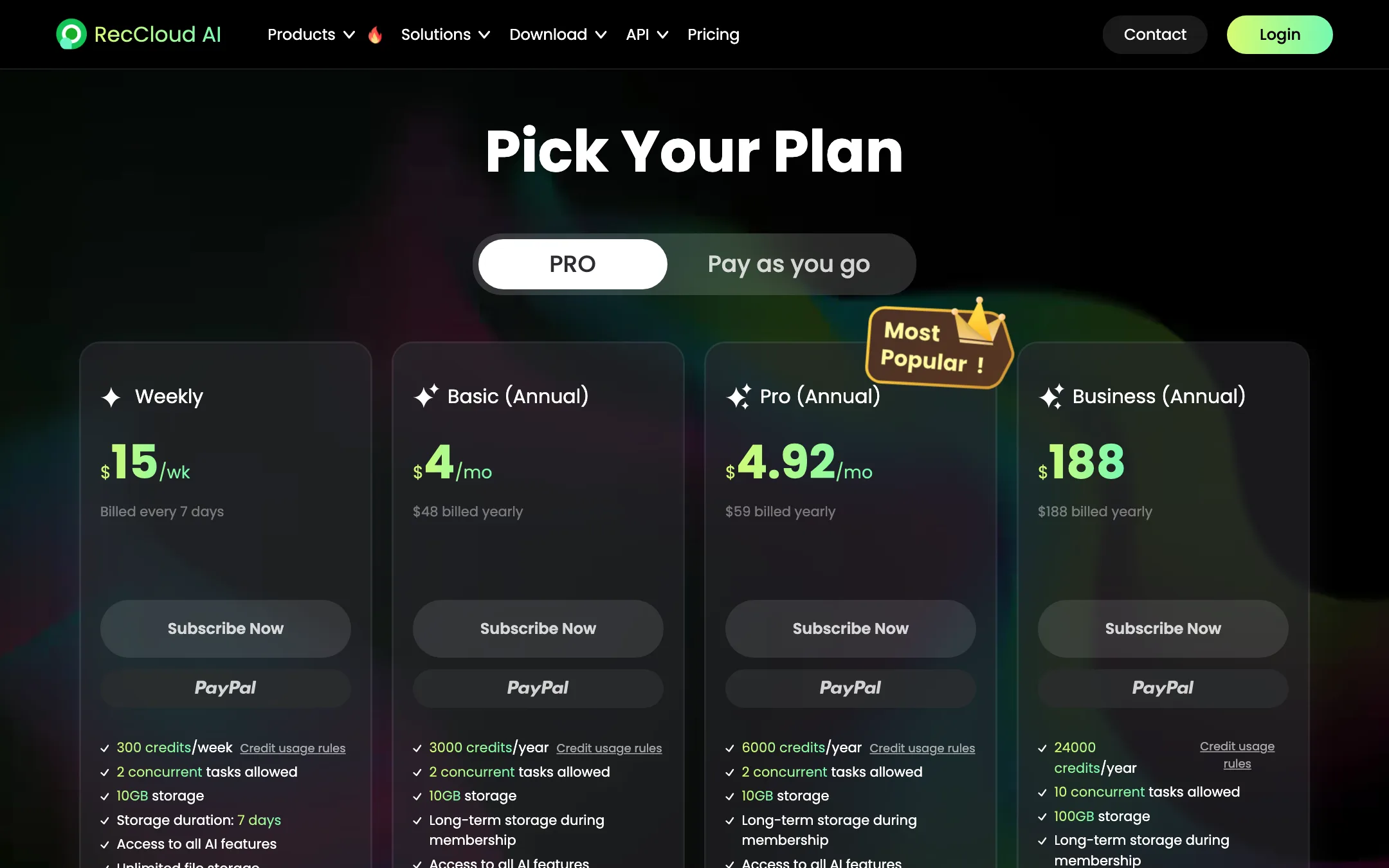 RecCloud pricing page with Weekly, Basic, Pro and Business plans