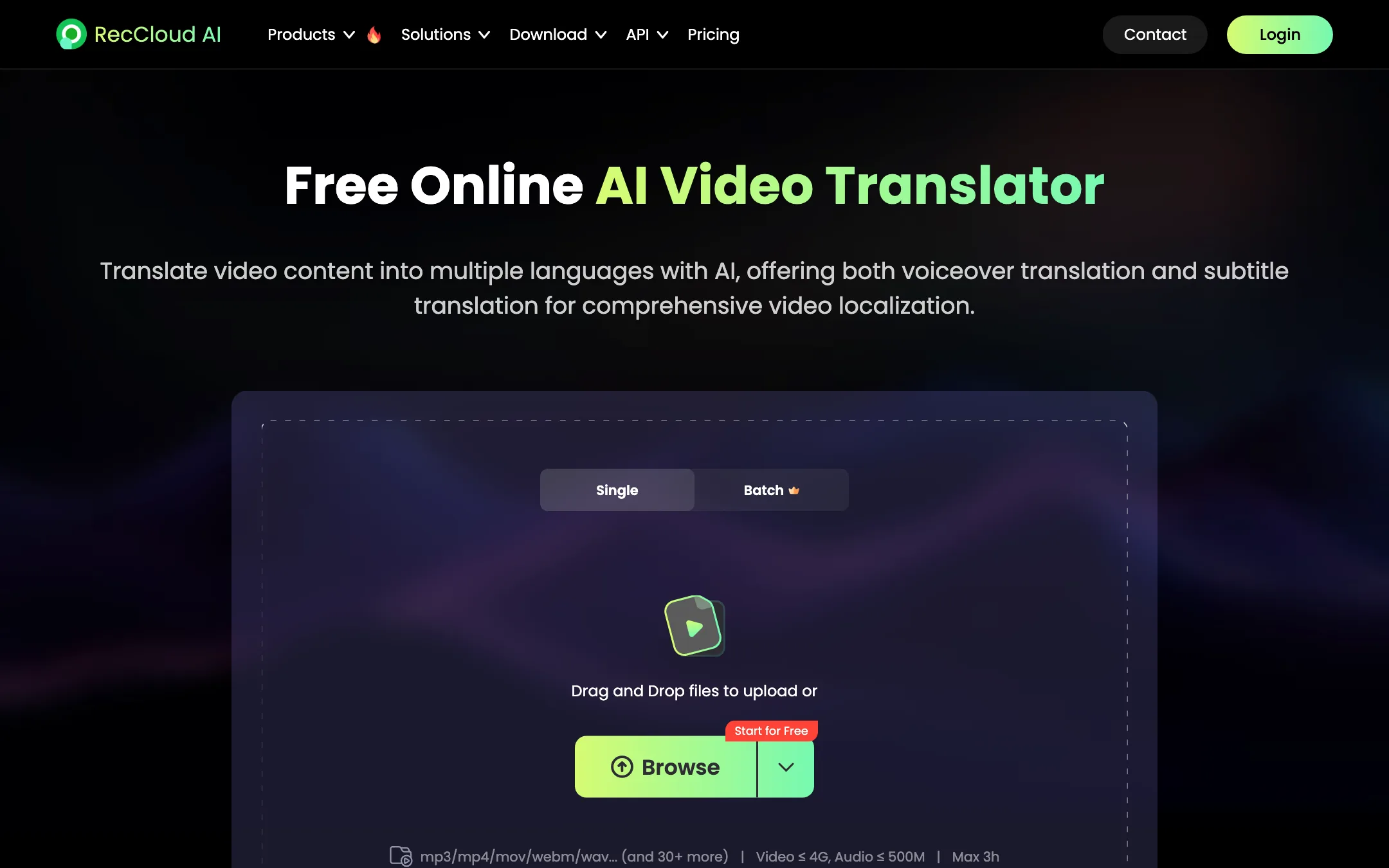 RecCloud AI video translator upload page
