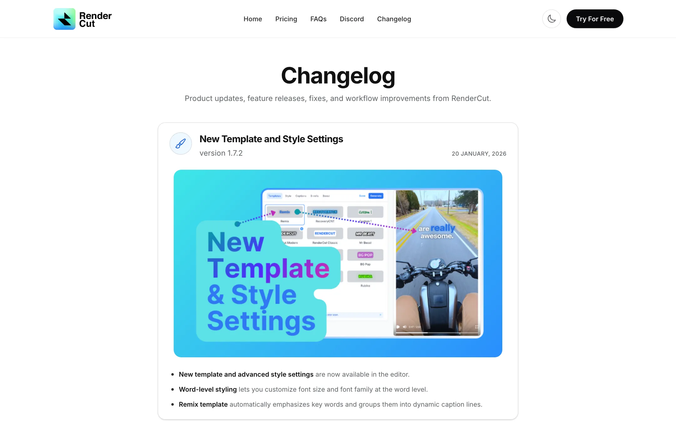 RenderCut changelog listing recent versions and release dates