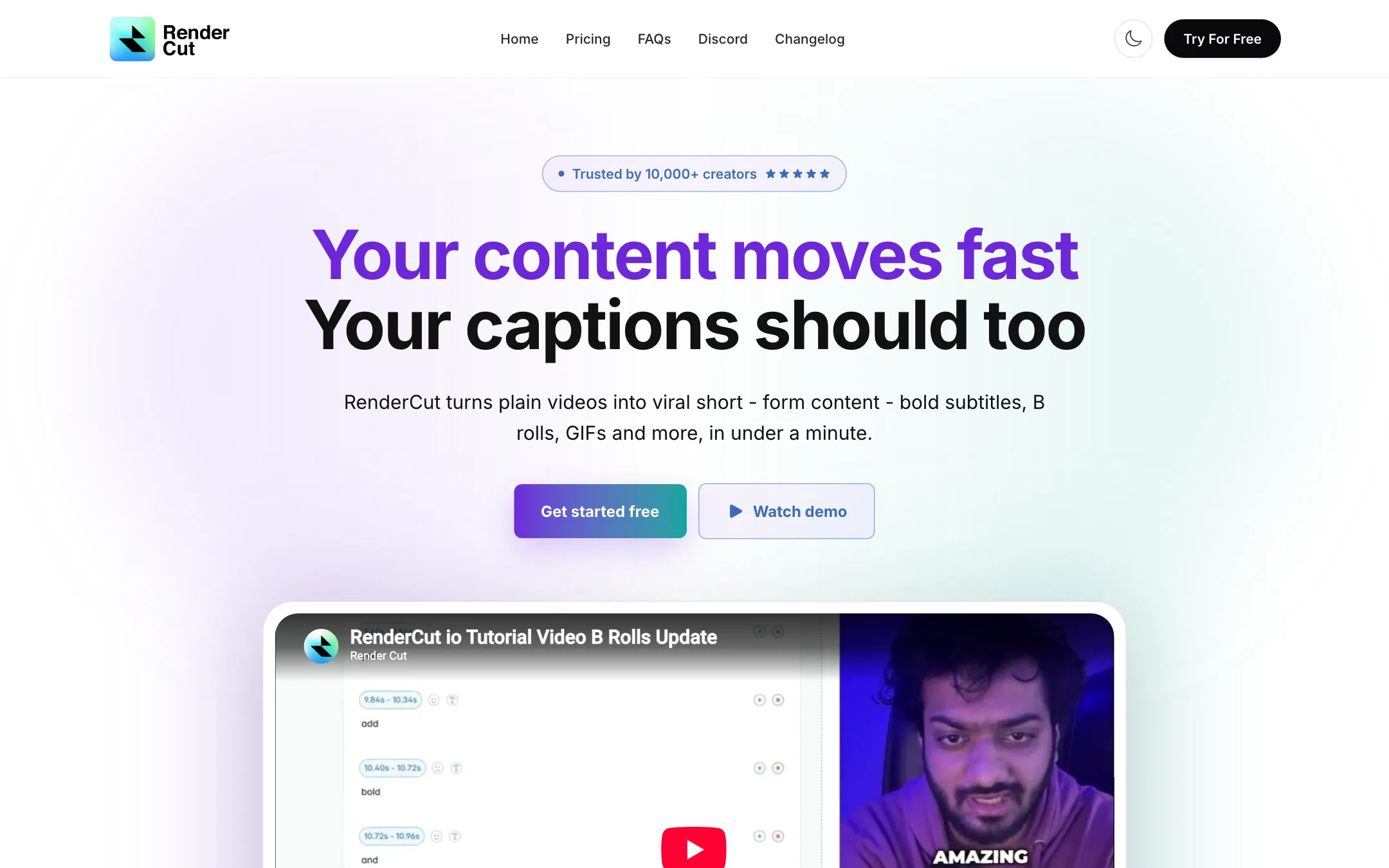 RenderCut homepage headline: Your content moves fast, your captions should too