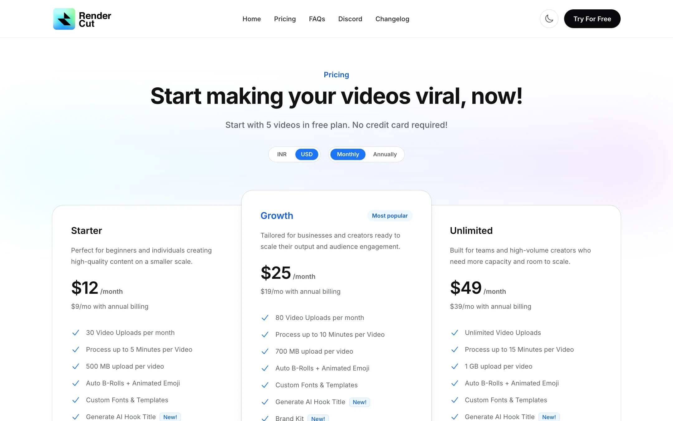RenderCut pricing page with Starter, Growth and Unlimited plans