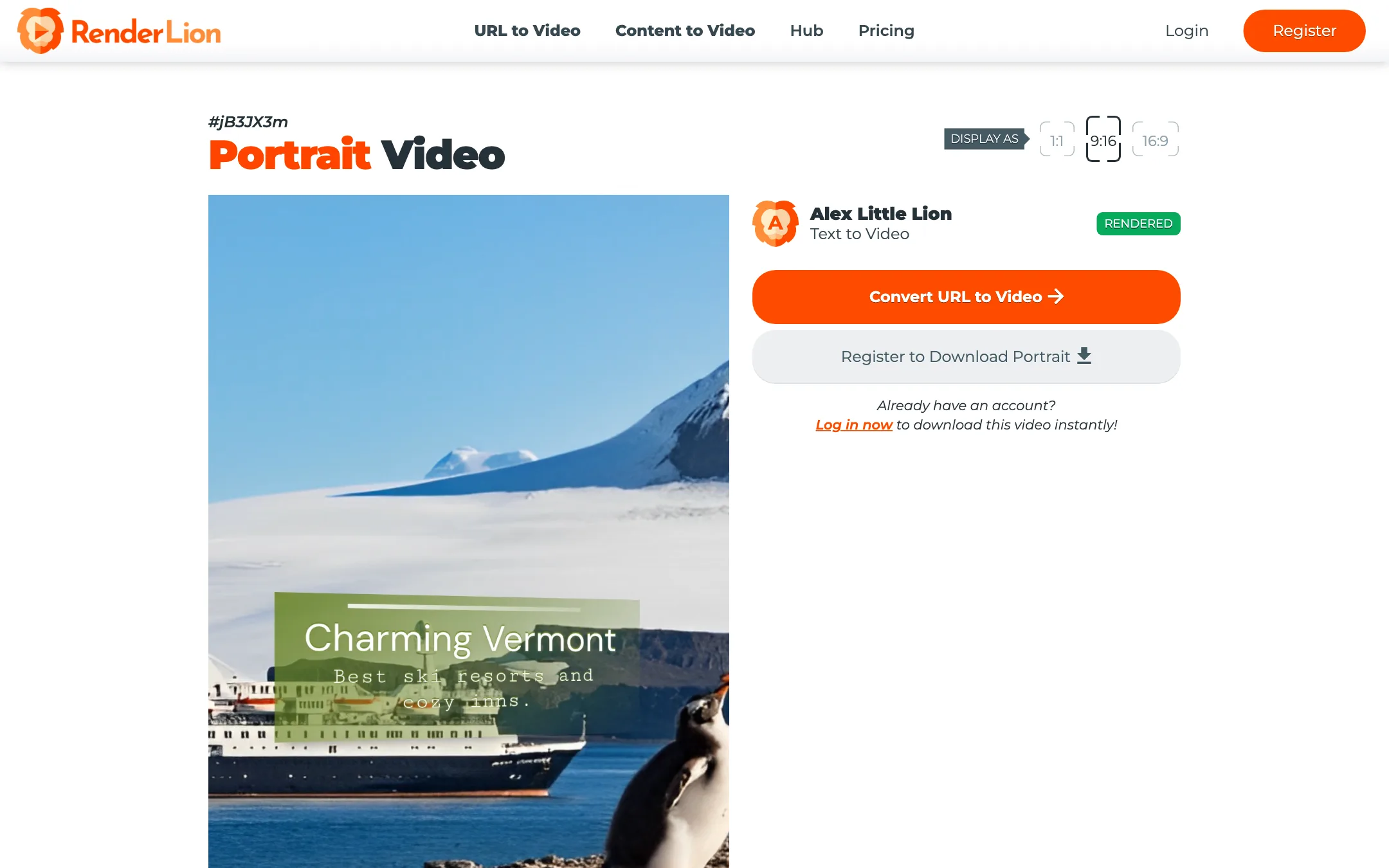 A public RenderLion portrait video page with a Charming Vermont title over a polar cruise ship and a penguin