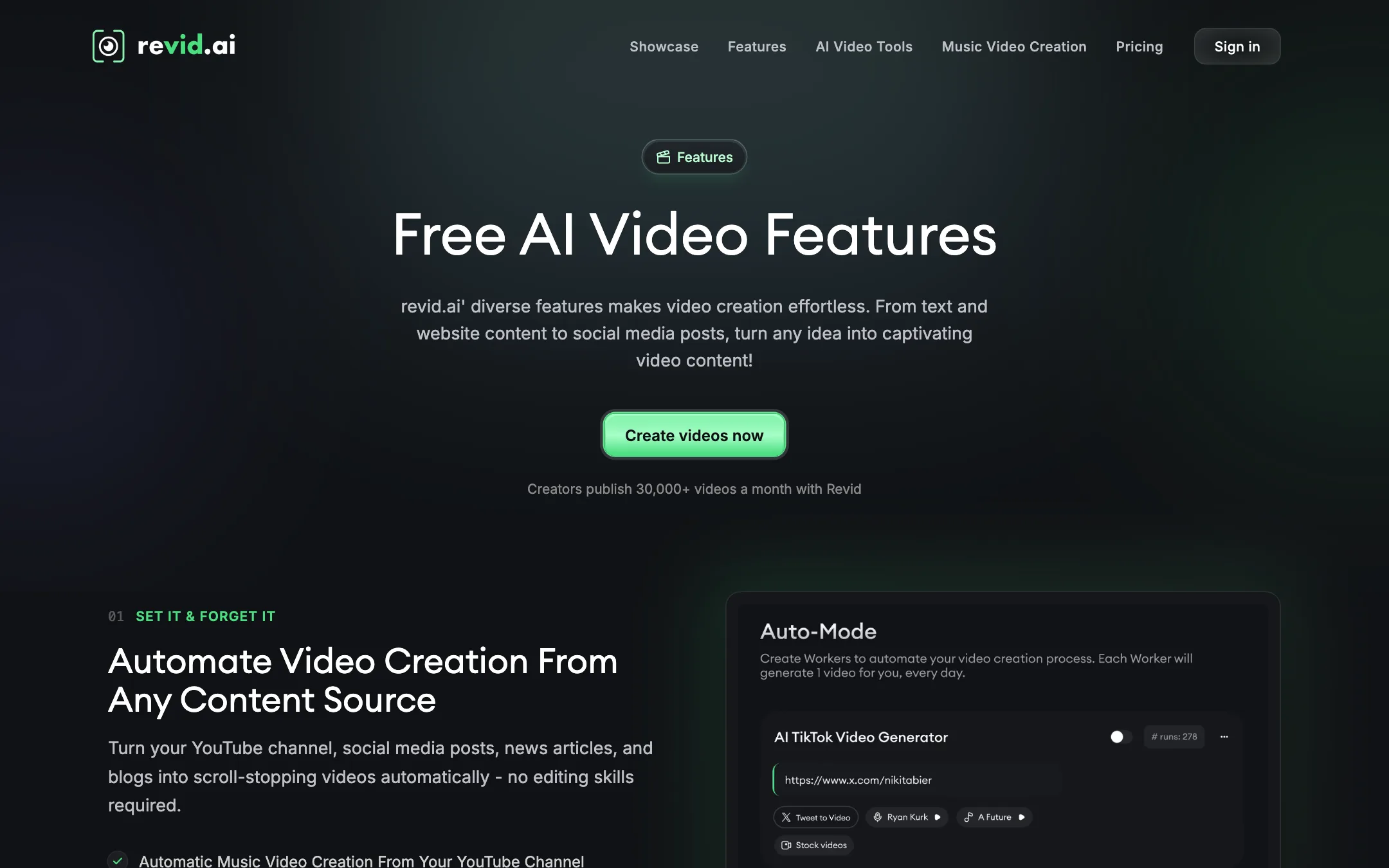 Revid.ai features page showing Auto-Mode workers