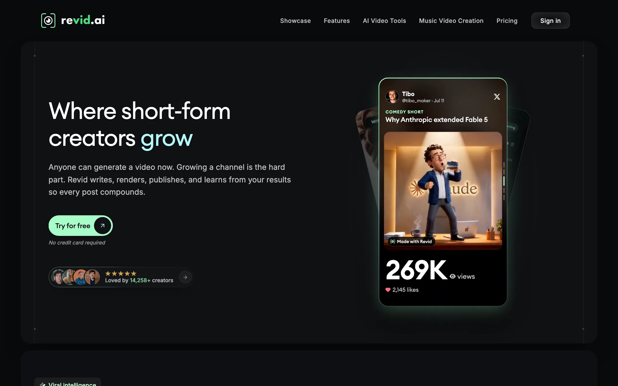Revid.ai homepage headline: Where short-form creators grow