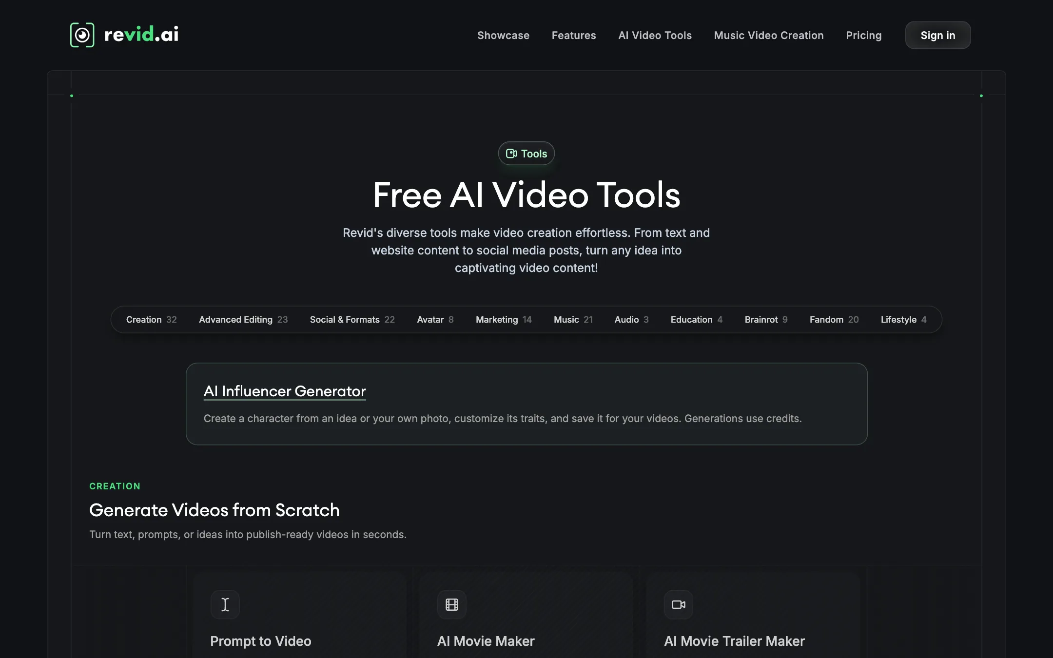 Revid.ai Free AI Video Tools directory with category tabs