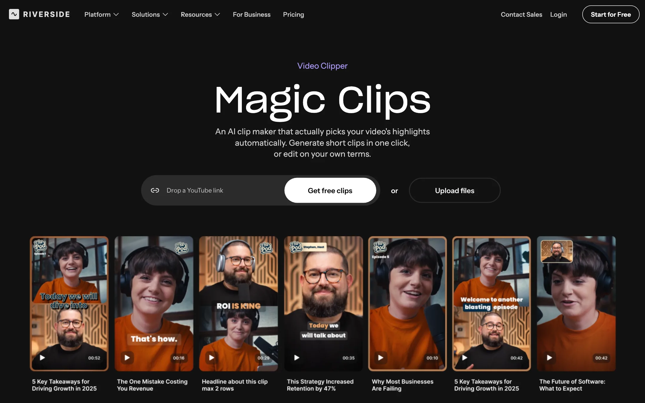 Riverside Magic Clips page with vertical clip examples and a YouTube link box