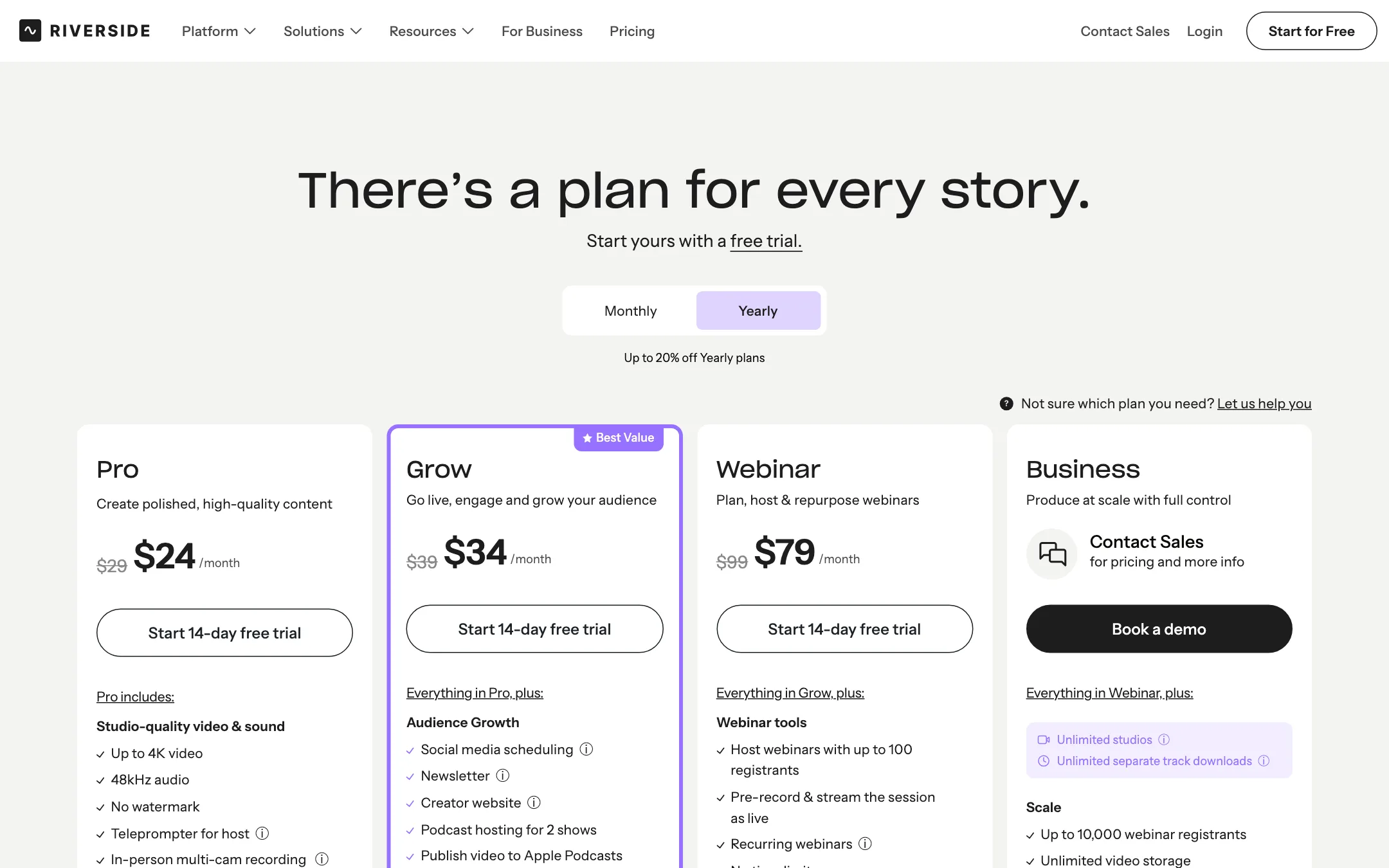 Riverside pricing page with Pro, Grow, Webinar and Business plans