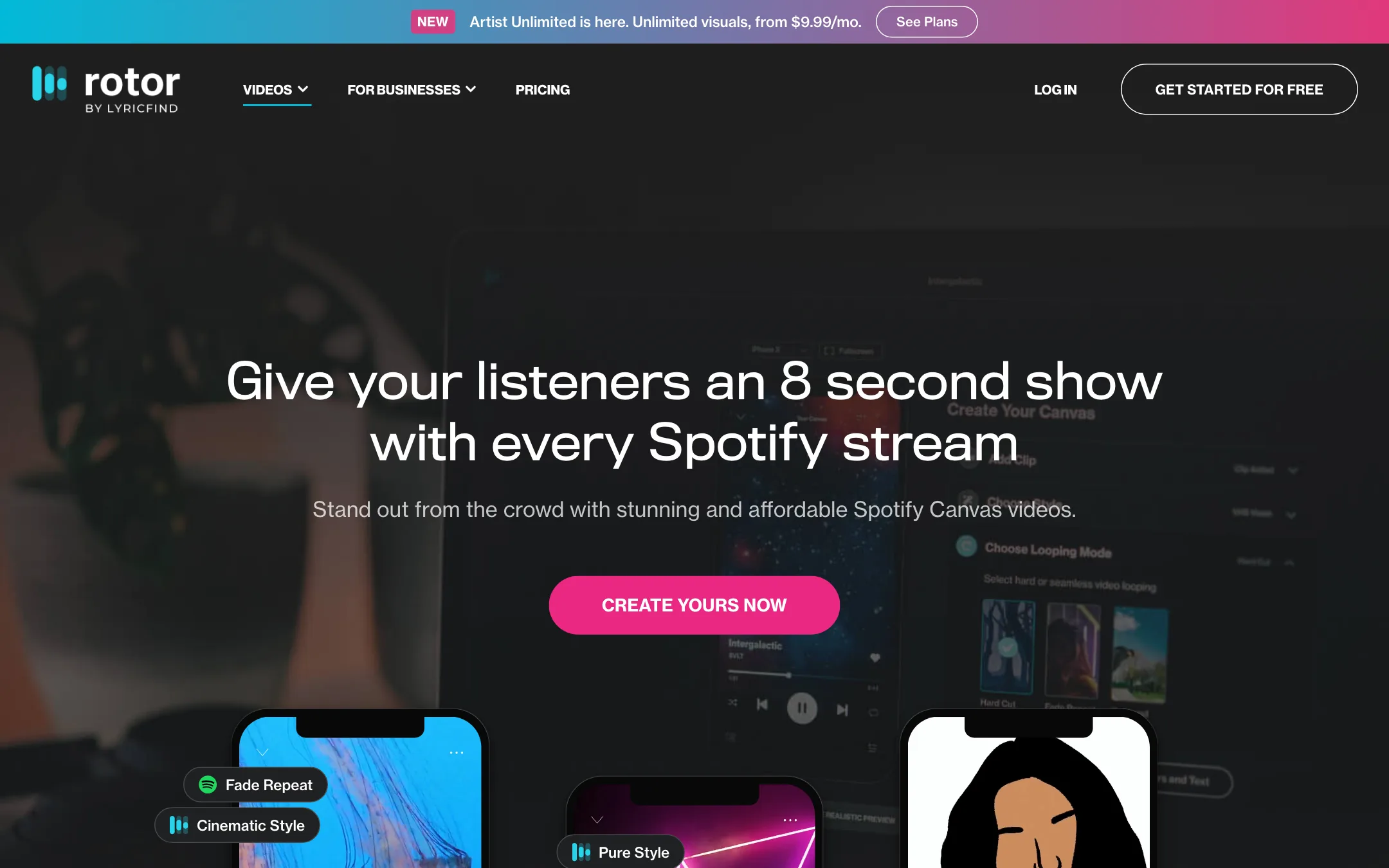 Rotor Spotify Canvas page with looping example videos