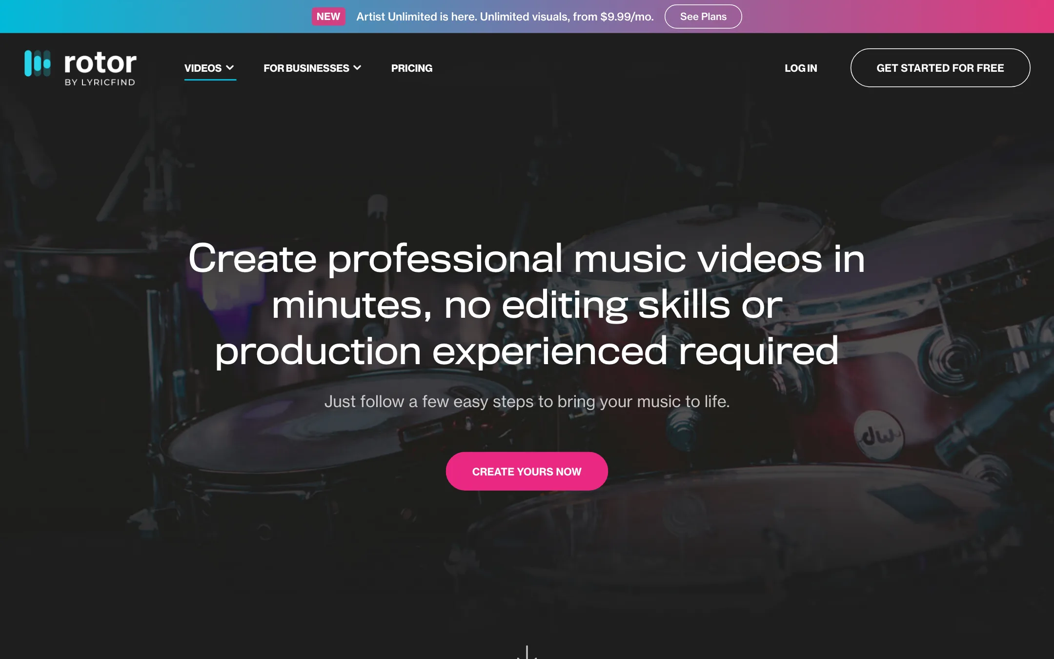 Rotor music video maker page describing the upload, clips, style and filter steps