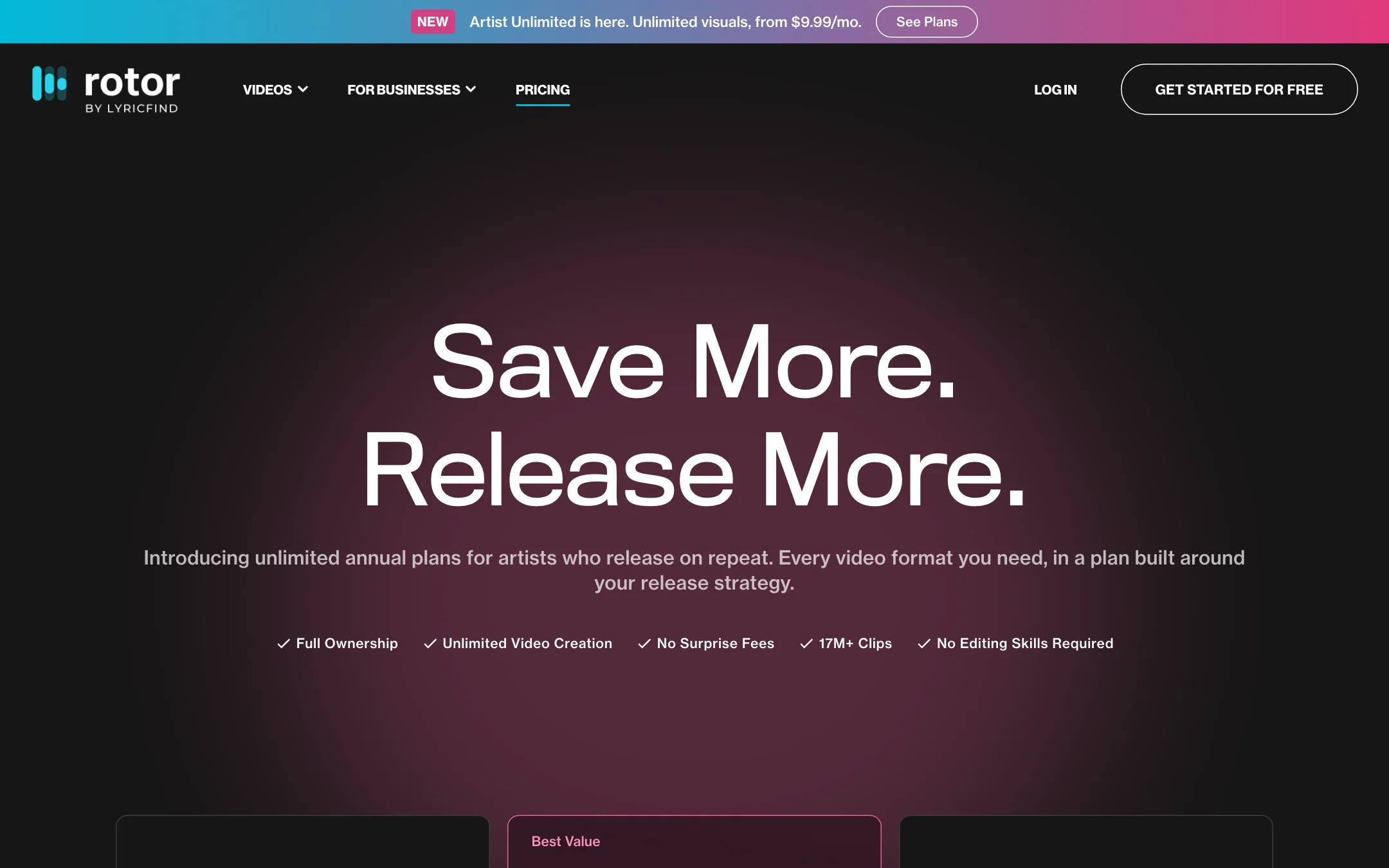 Rotor Videos pricing page with Artist Unlimited Pro, Streaming and Video plans