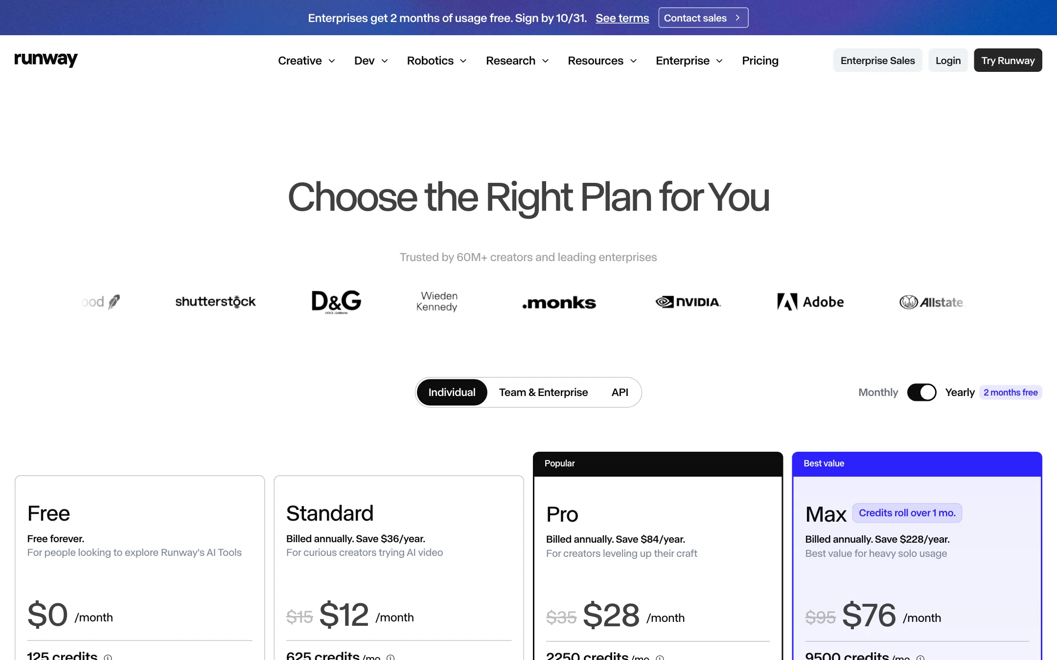 Runway pricing page with Free, Standard, Pro and Max plans