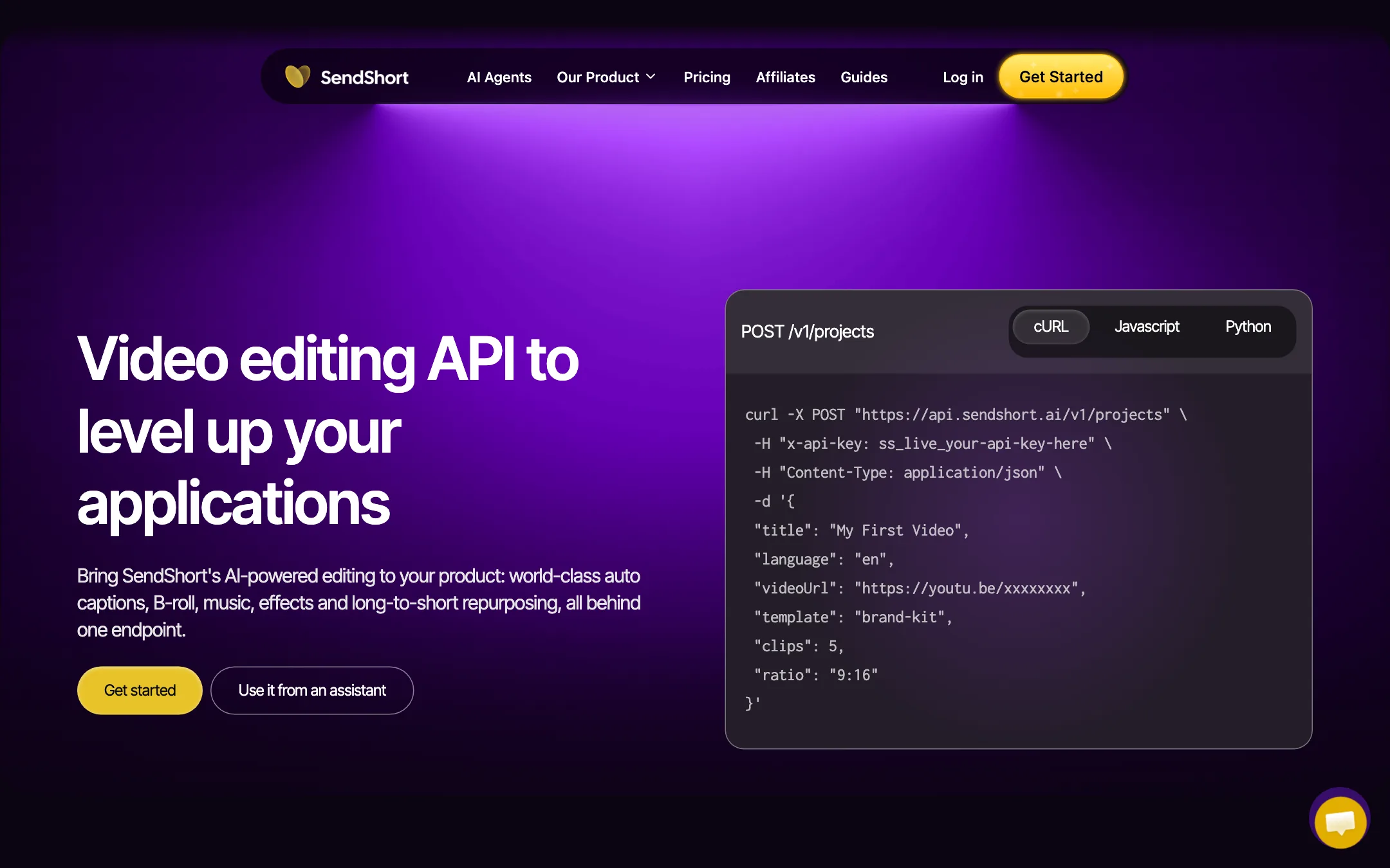 SendShort API page with an example POST request to create a clipping project