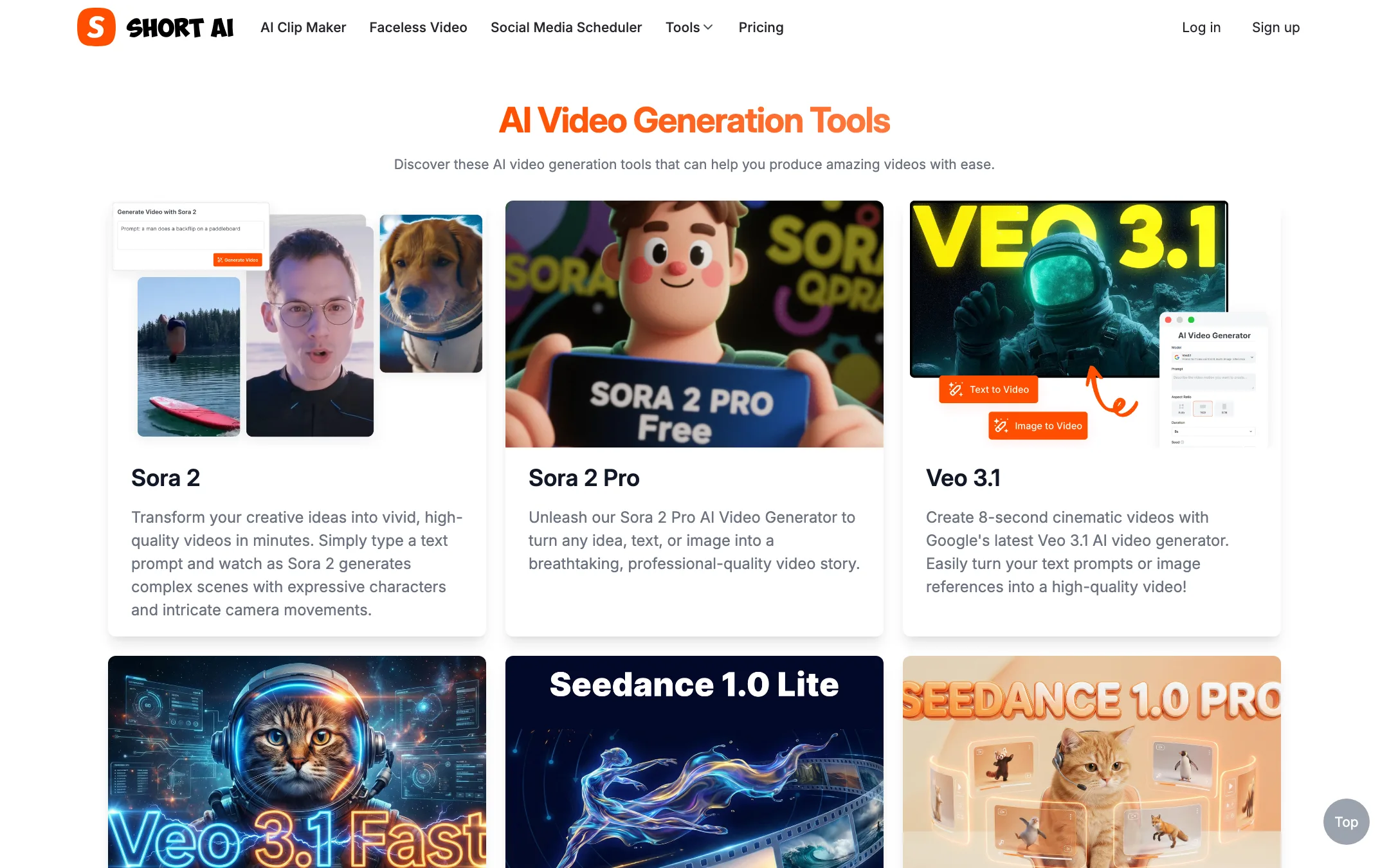 Short AI AI Video Generation Tools page listing Sora 2, Veo 3.1 and Seedance