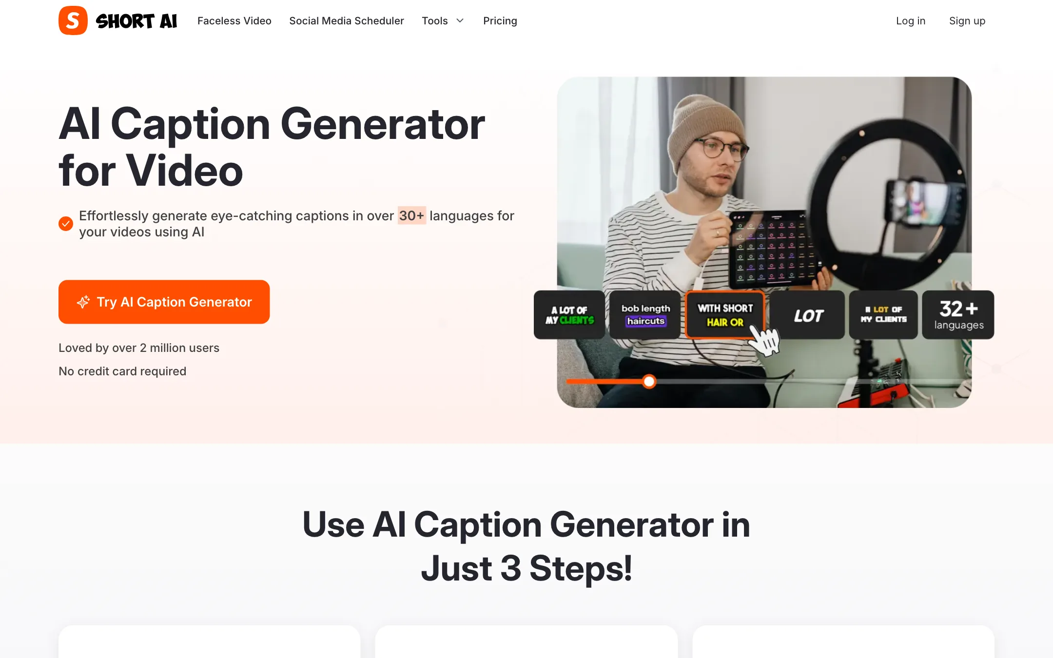 Short AI caption generator landing page with animated caption style examples