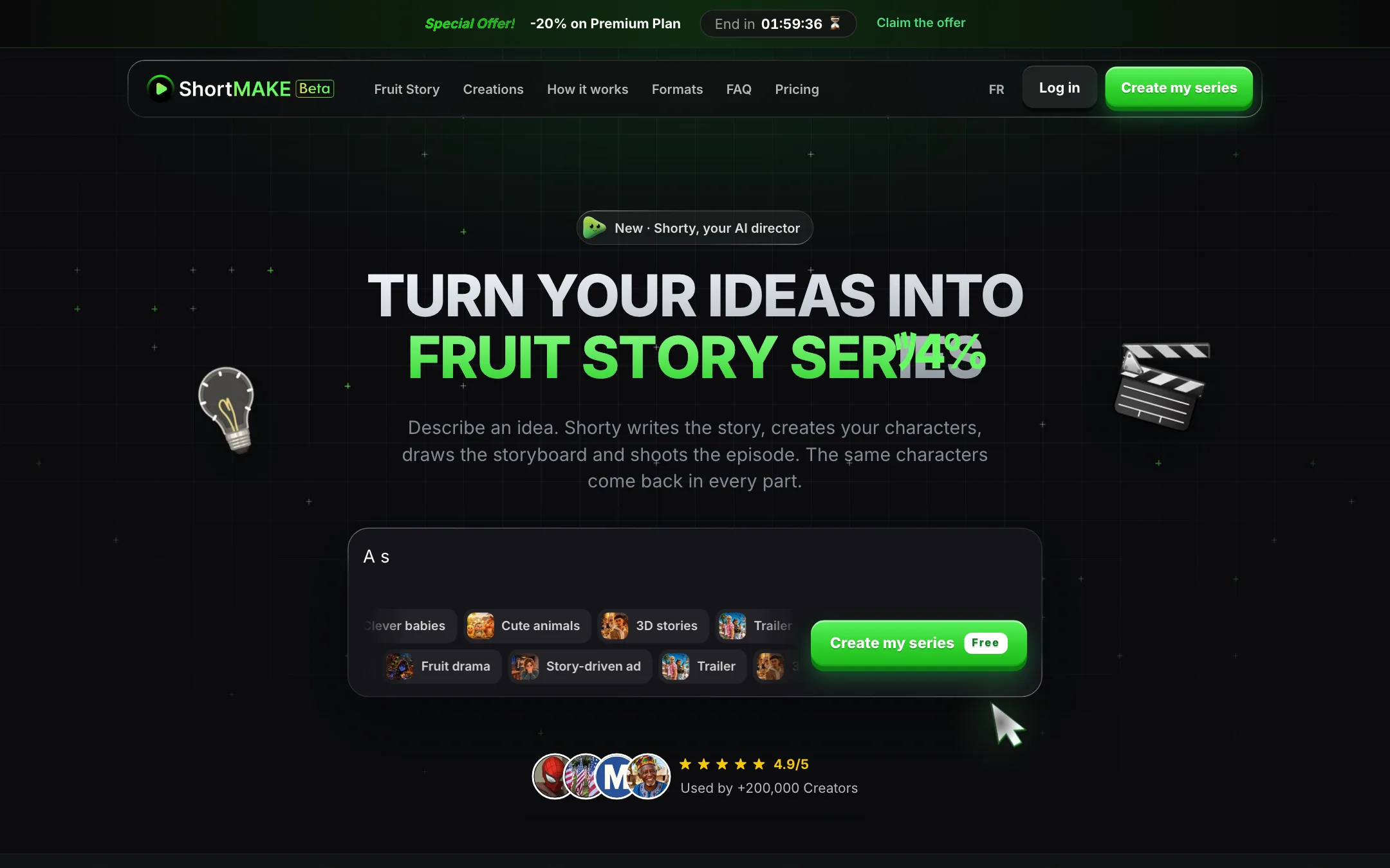 ShortMake AI Series page introducing Shorty, the AI director
