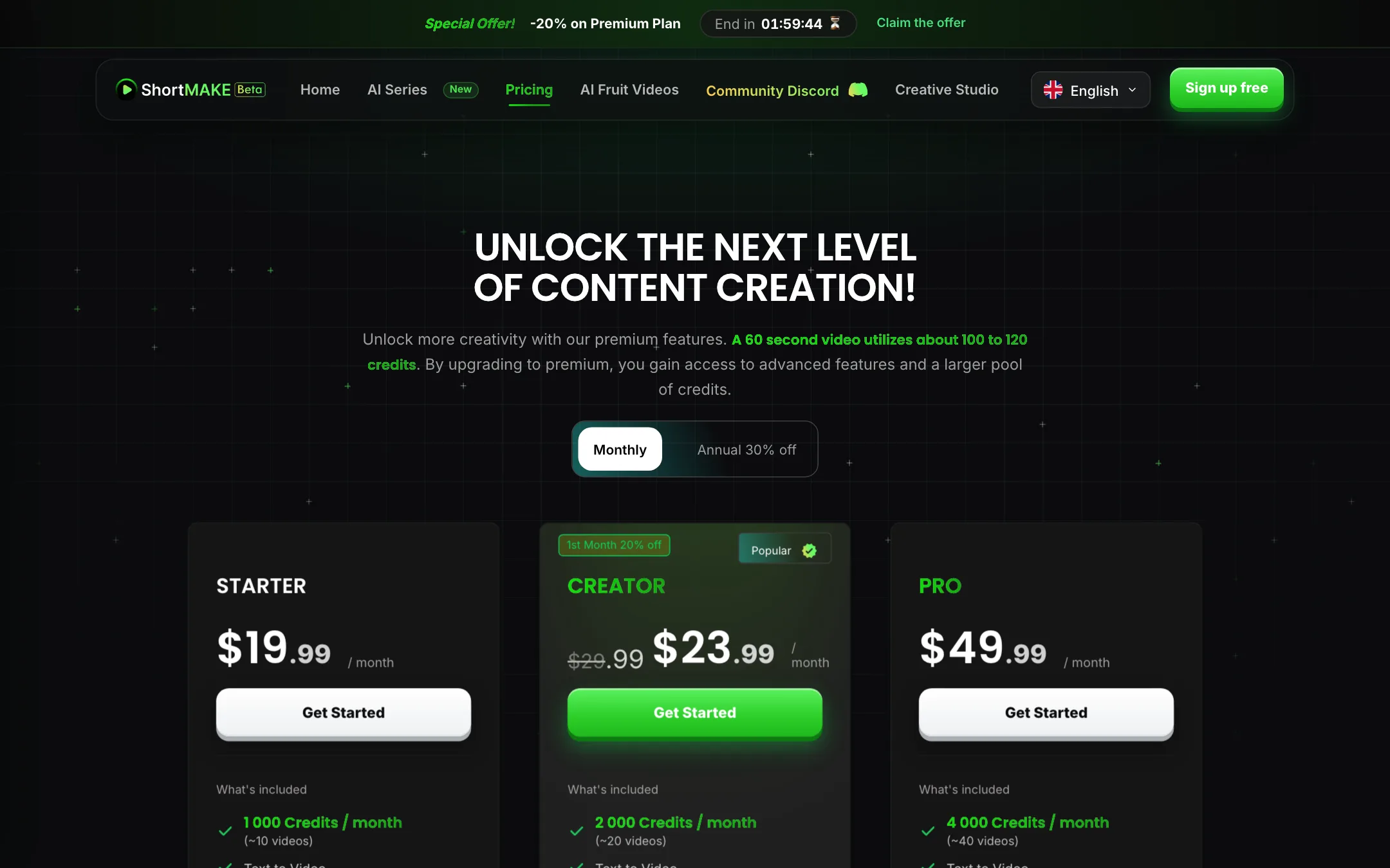 ShortMake pricing page with Starter, Creator and Pro plans