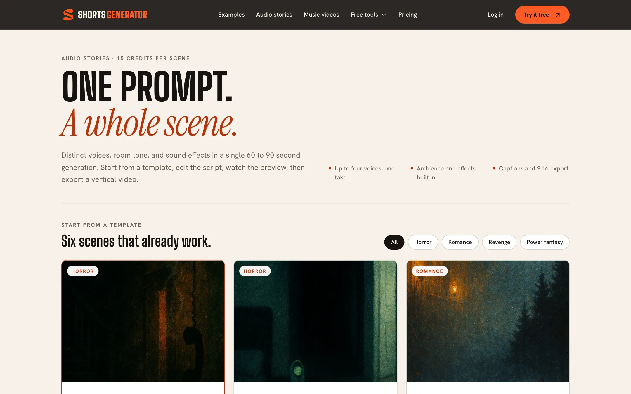 Shorts Generator audio stories page with horror, romance and revenge templates